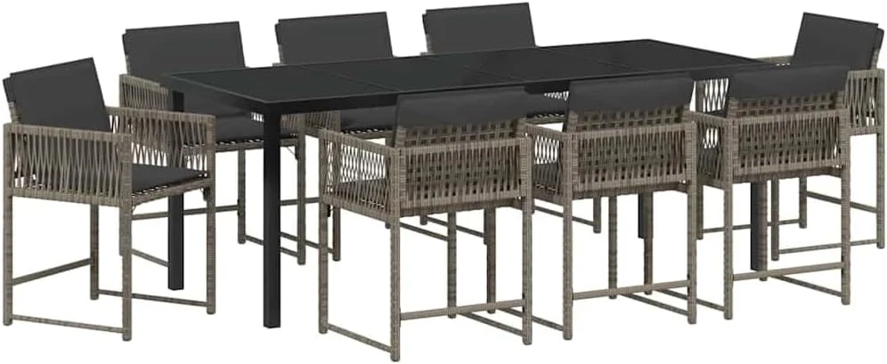 Gartenmöbel Set 9-teilig Grau Poly-Rattan Essgruppe mit 200 x 80 cm Glastisch Modernes Design Robust und Langlebig für Garten Terrasse und kleinen