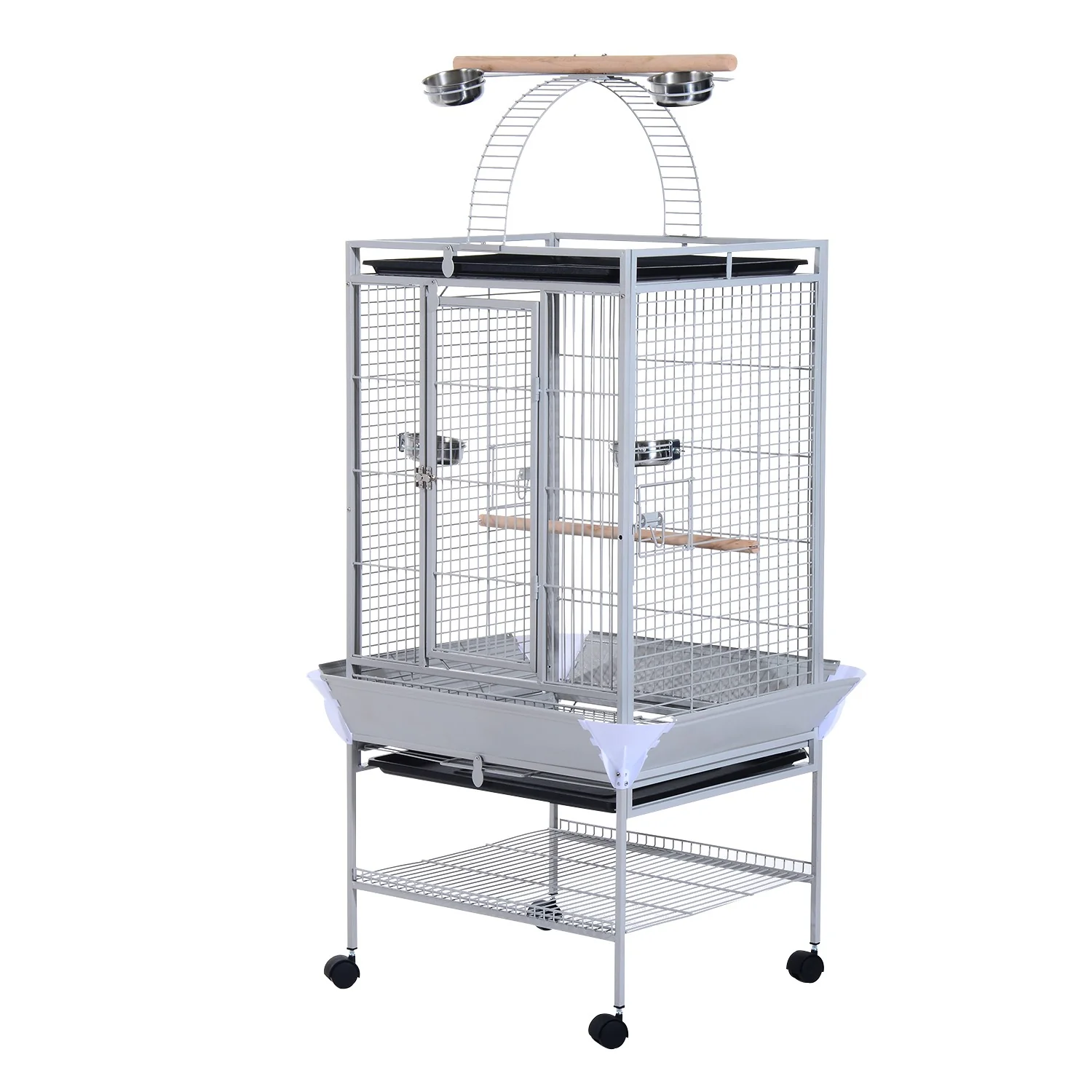 Easycomfort Voliera per Uccelli con Ruote Altezza 161.5cm, Vaschette in Acciaio e Trespoli in Legno, Argento