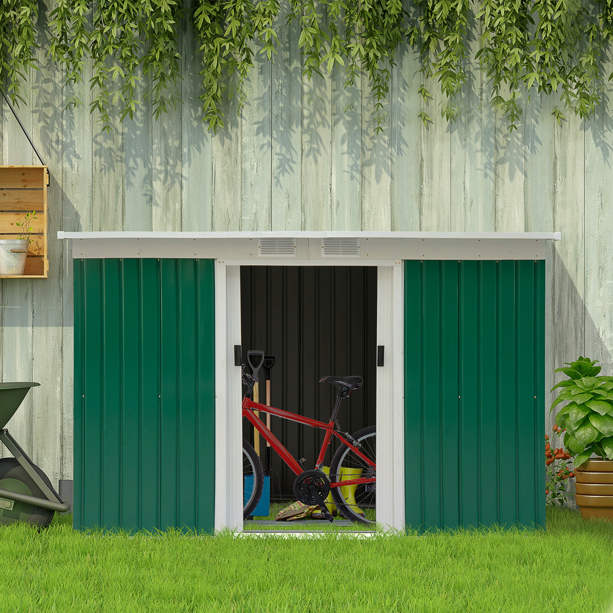 Outsunny Metall Gerätehaus 6,3m³ 280x130x172cm Geräteschuppen mit Pultdach Schiebetür wetterfest Gartenhaus Outdoor Garten Schuppen Schrank für Hinterhof Außenbereich Anthrazit, Dunkelgrün