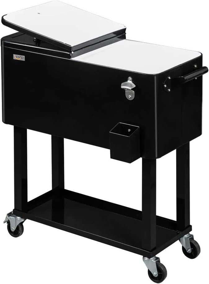 80 Quart Rolling Ice Chest Cooler Cart with Shelf and Opener