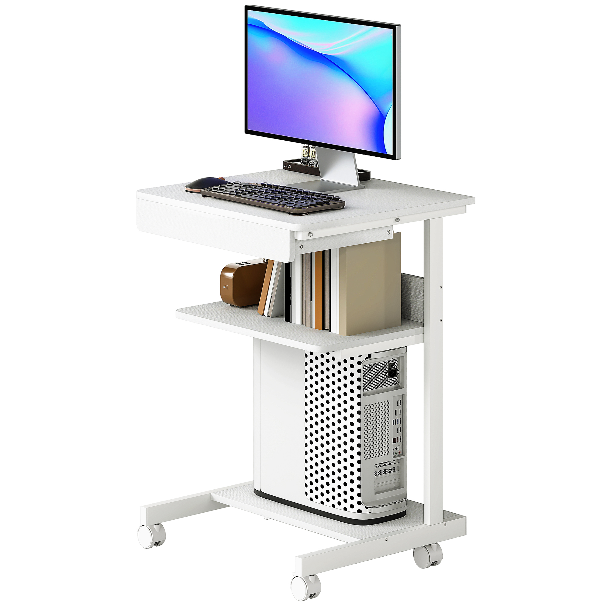 HOMCOM Computertisch auf Rollen, Schreibtisch mit Stauraum 56 x 51 cm mit Schublade, Fach und CPU, Weiß