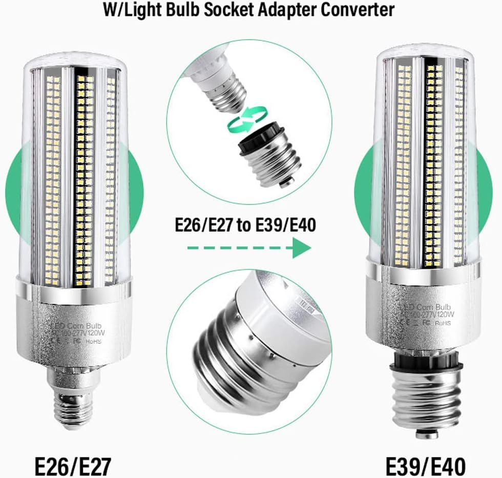 LED-Mais-Glühbirne, 150 W, 19500 lm, E26/E27-Sockel, mit E39/E40-Mogul-Sockel-Adapter, großflächige LED-Glühbirnen für Innen- und Außengarage