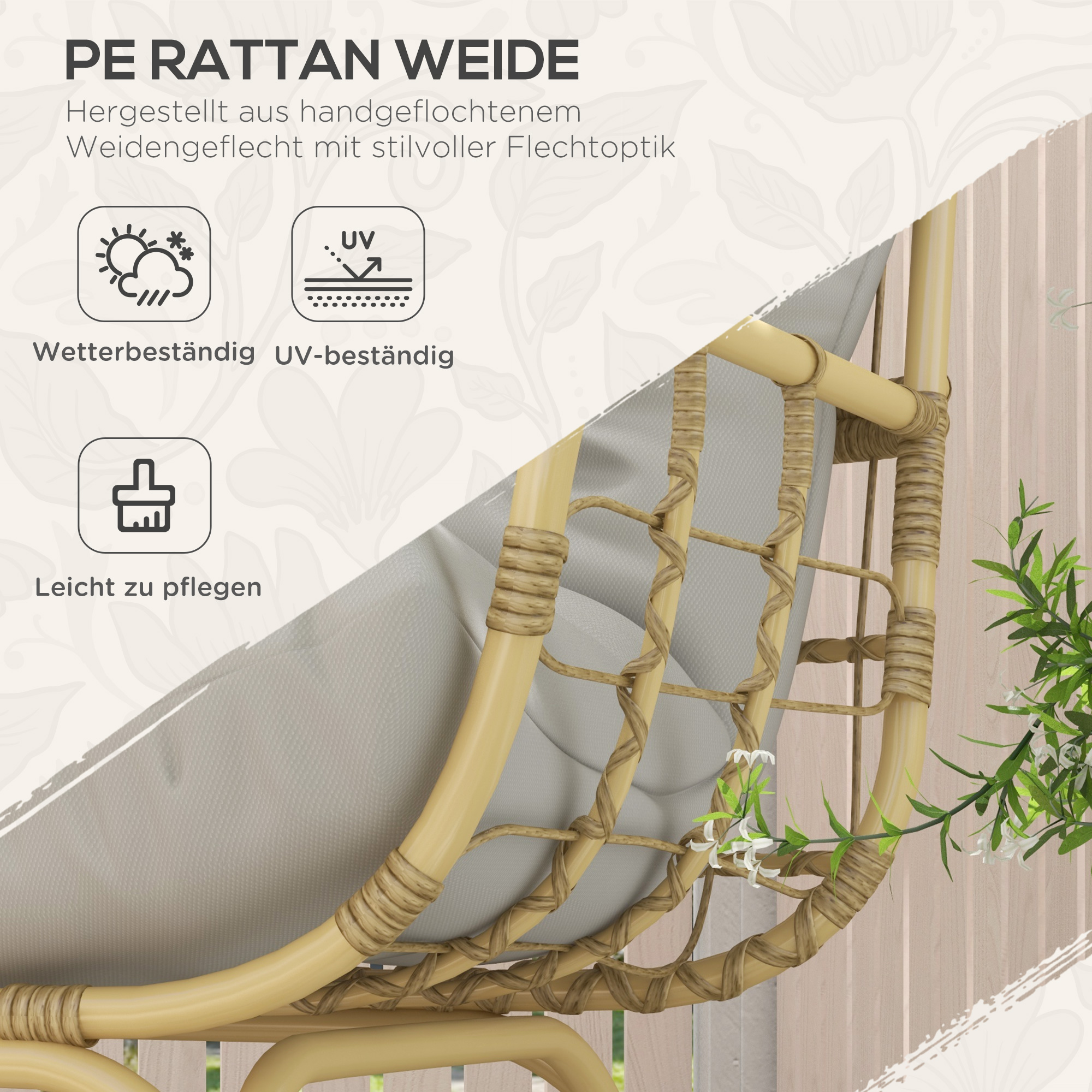 Rieten Tuinstoel, Weerbestendig, 126 cm x 72 cm x 126 cm, Natuur + Grijs