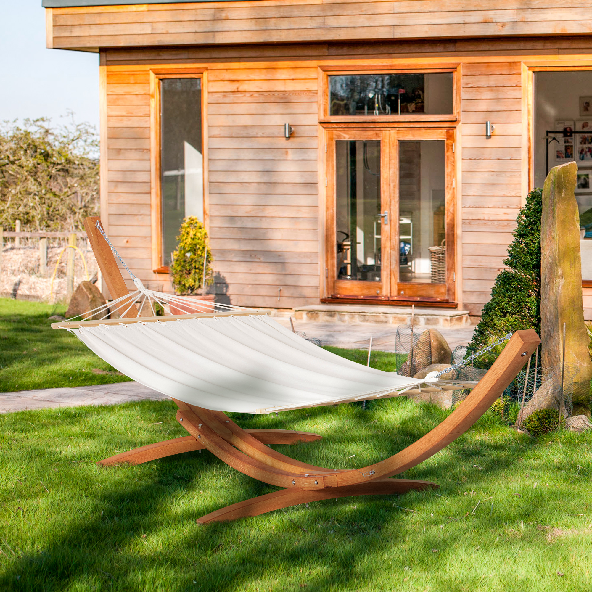 Outsunny Gartenhängematte mit Holzgestell Hängematte auf Ständer 1 Person 3,92 m L x 1,2 m B x 1,1 m H Farbe Creme Braun