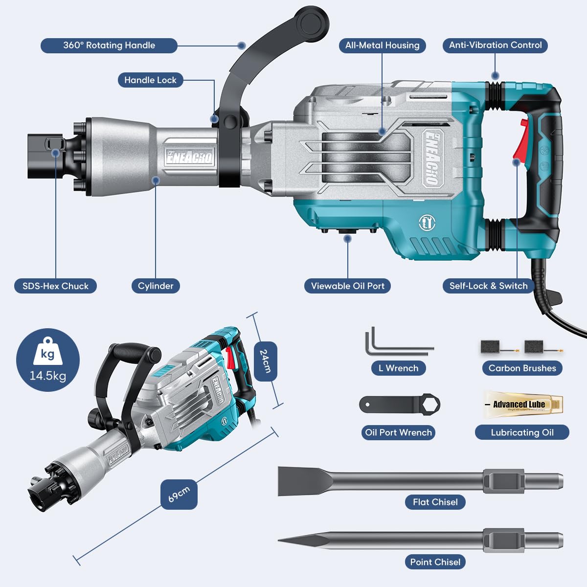 Abbruchhammer 1700 W SDS-Hex Stemmhammer mit 65 Joule, Anti-Vibrationshandgriff sowie 2 Meißeln und Transportbox mit Rollen