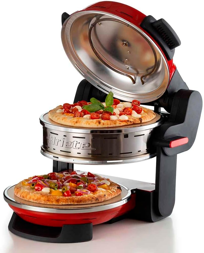 Ariete 927 Pizzeria Ariete, Forno pizza doppio, 2300 W, 2 pietre refrattarie, 2 pizze in 4 minuti, 2 termostati, Diametro 32 cm, 5 livelli di cottura, 2 pale in acciaio inox, Rosso
