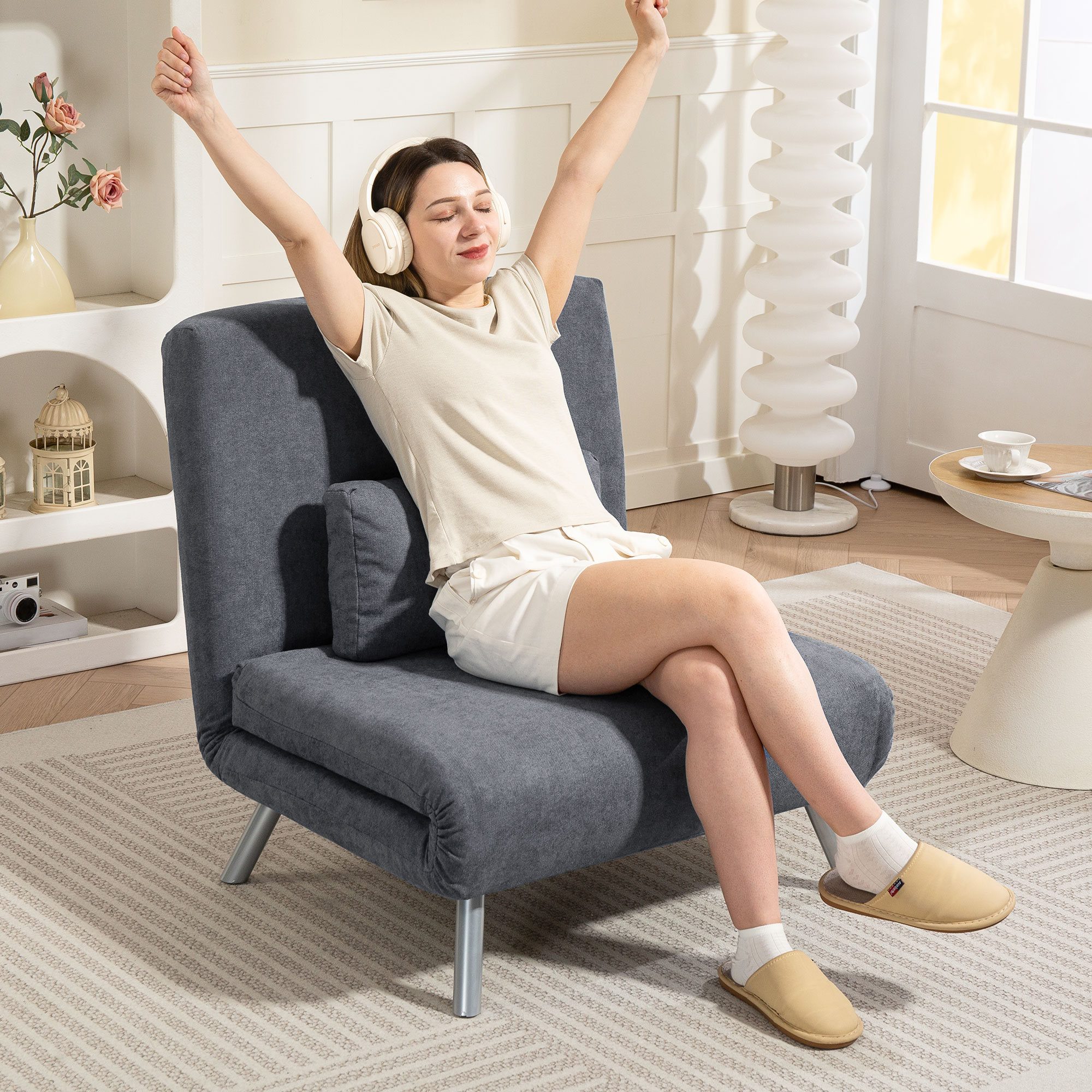 HOMCOM Polstersessel mit Bettfunktion, 2-in-1 Design, Schlafsessel, Gästebett, Stoffbezug, mit Kissen, Dunkelgrau