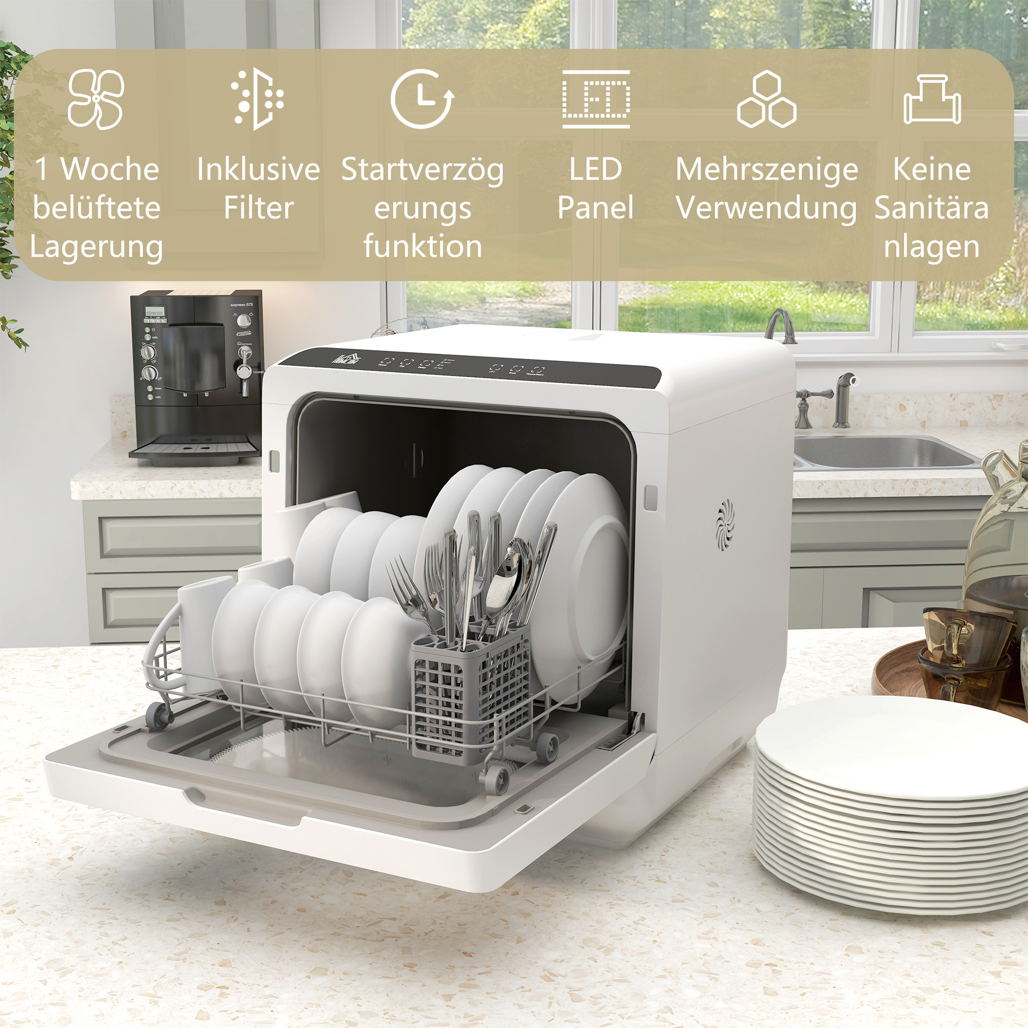 Compacte Tafelvaatwasser, 4 Couverts, Droogmodus, 6L Tank/Kraan, Startuitstel, LED, Wit