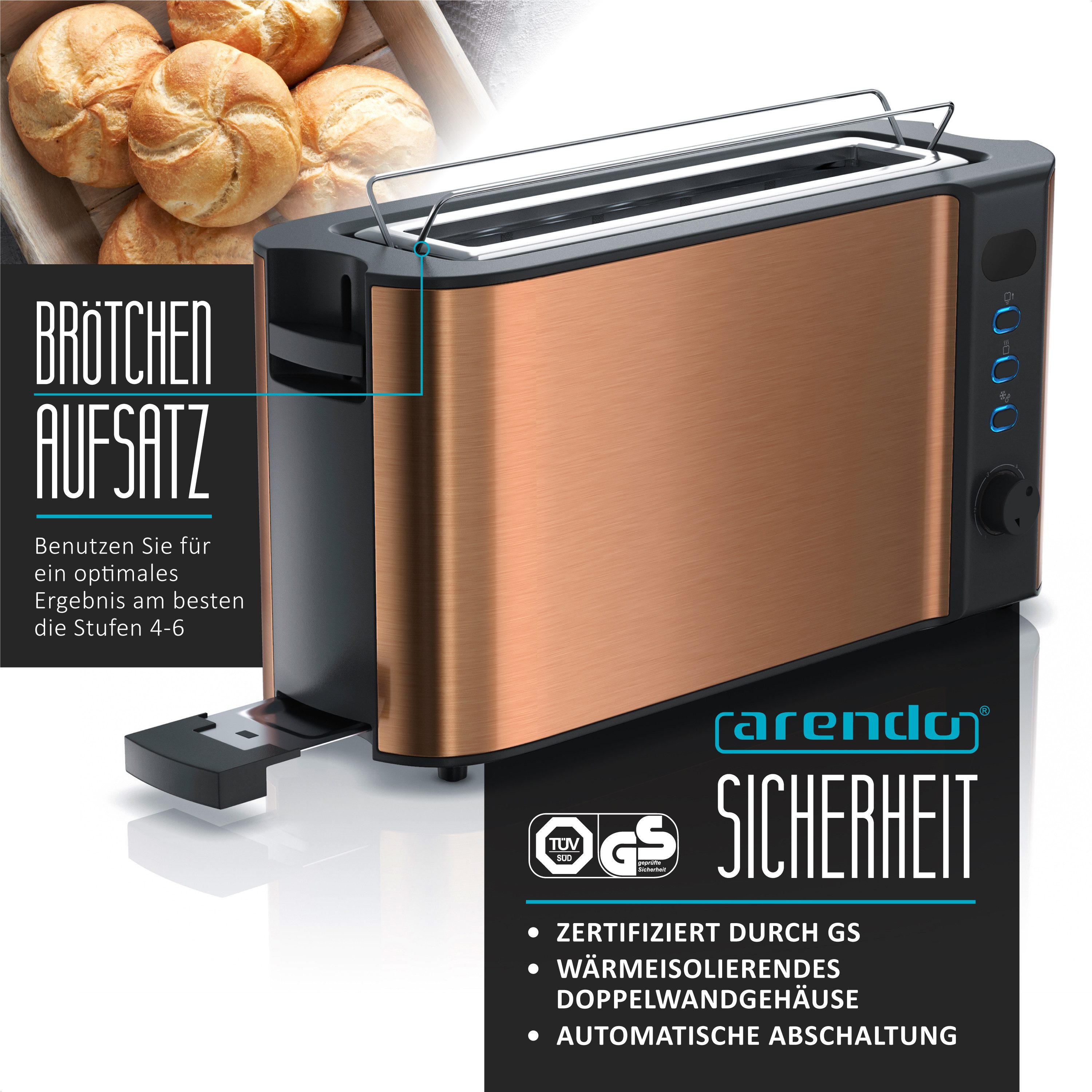 Toaster Langschlitz, Edelstahl, Display mit Restzeitanzeige, Brötchenaufsatz