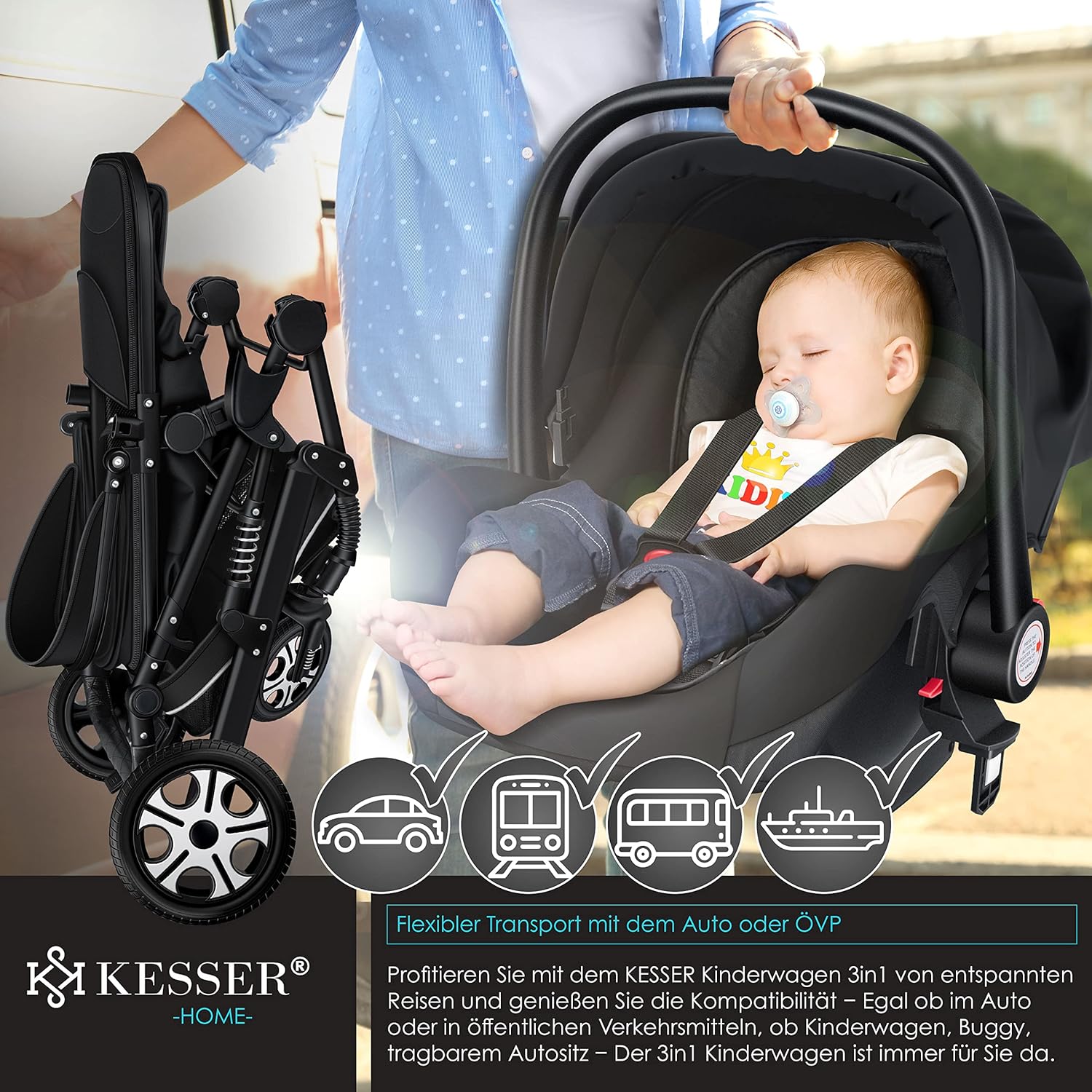 KESSER® Loops 3 in 1 Kinderwagen Kombikinderwagen Komplett-Set inkl. Babywanne & Buggy Sportsitz & Auto-Babyschale Voll-Gummireifen Wickeltasche Regenschutz Kindertisch ECE R129, Schwarz/Schwarz