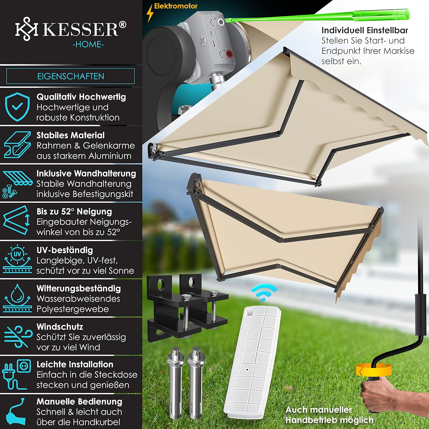 KESSER® Electric Awning with Remote Control – 250 x 200 cm, Foldable, for Patio, Clamp, Incl. Wall Bracket, Beige