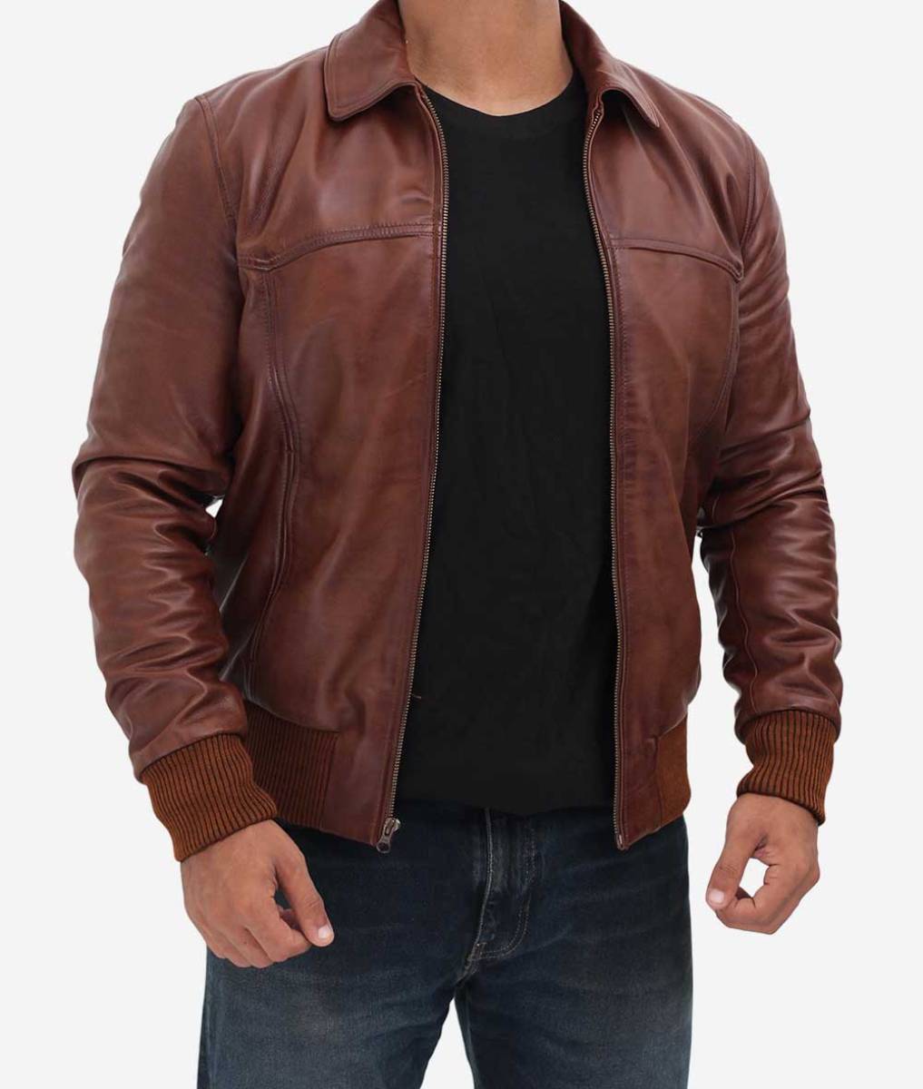 Mens Shirt Collar Tan Leather Bomber Jacket