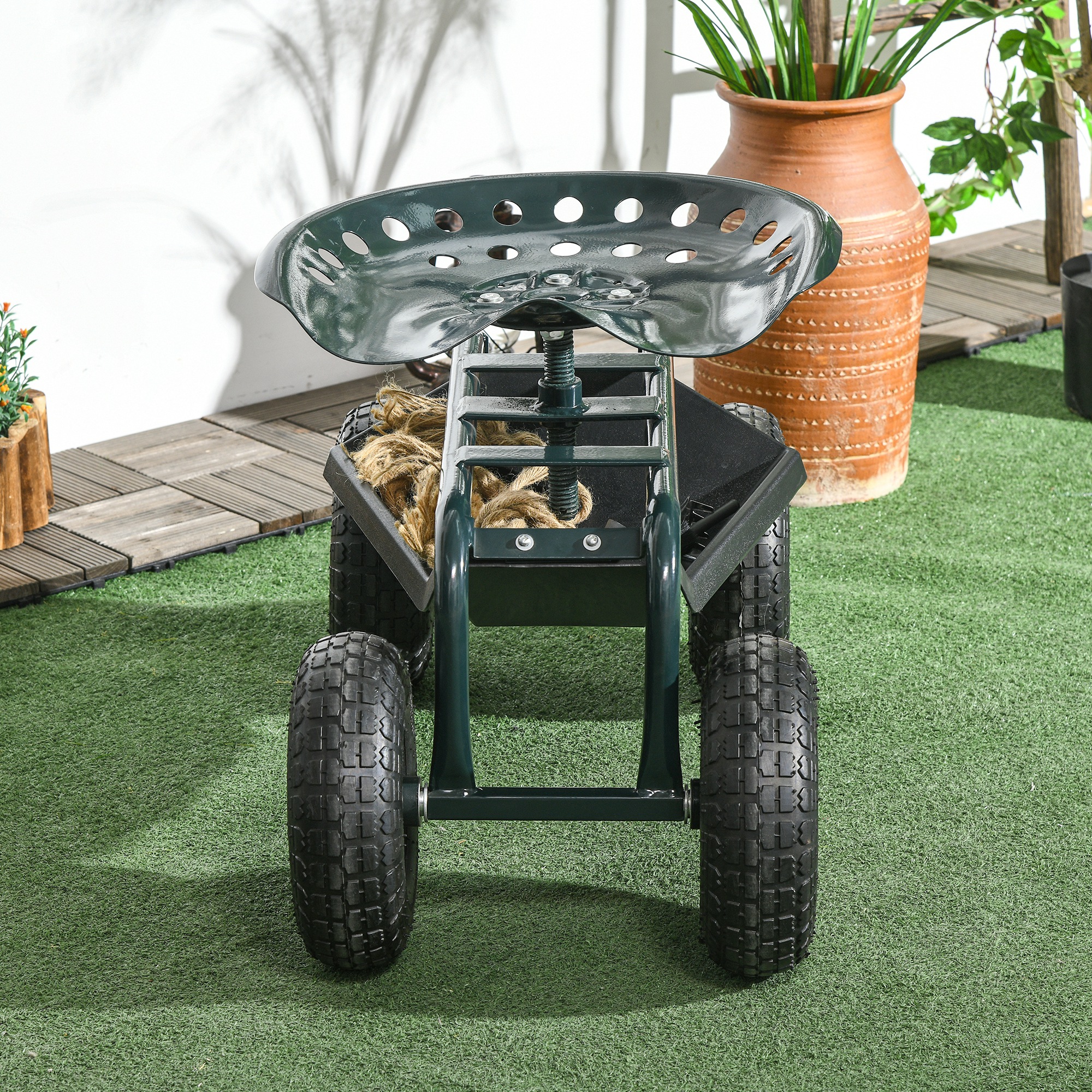Tuinwagen met zitplaats, draaibaar, verstelbaar in hoogte, tot 150 kg, staal, Donkergroen