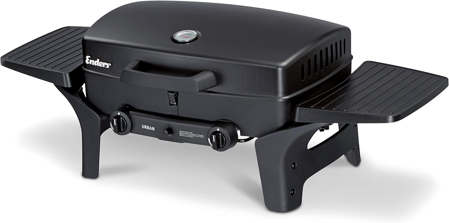 EndersGasgrill Urban II Pro, Tischgrill, Grillen-, Kochen- und Backen Funktion, 2 Brenner Edelstahl, mit Grill-Thermometer, Balkon-, Camping-Grill, Aluguss-Gehäuse, Gusseisen-Rost, #2062