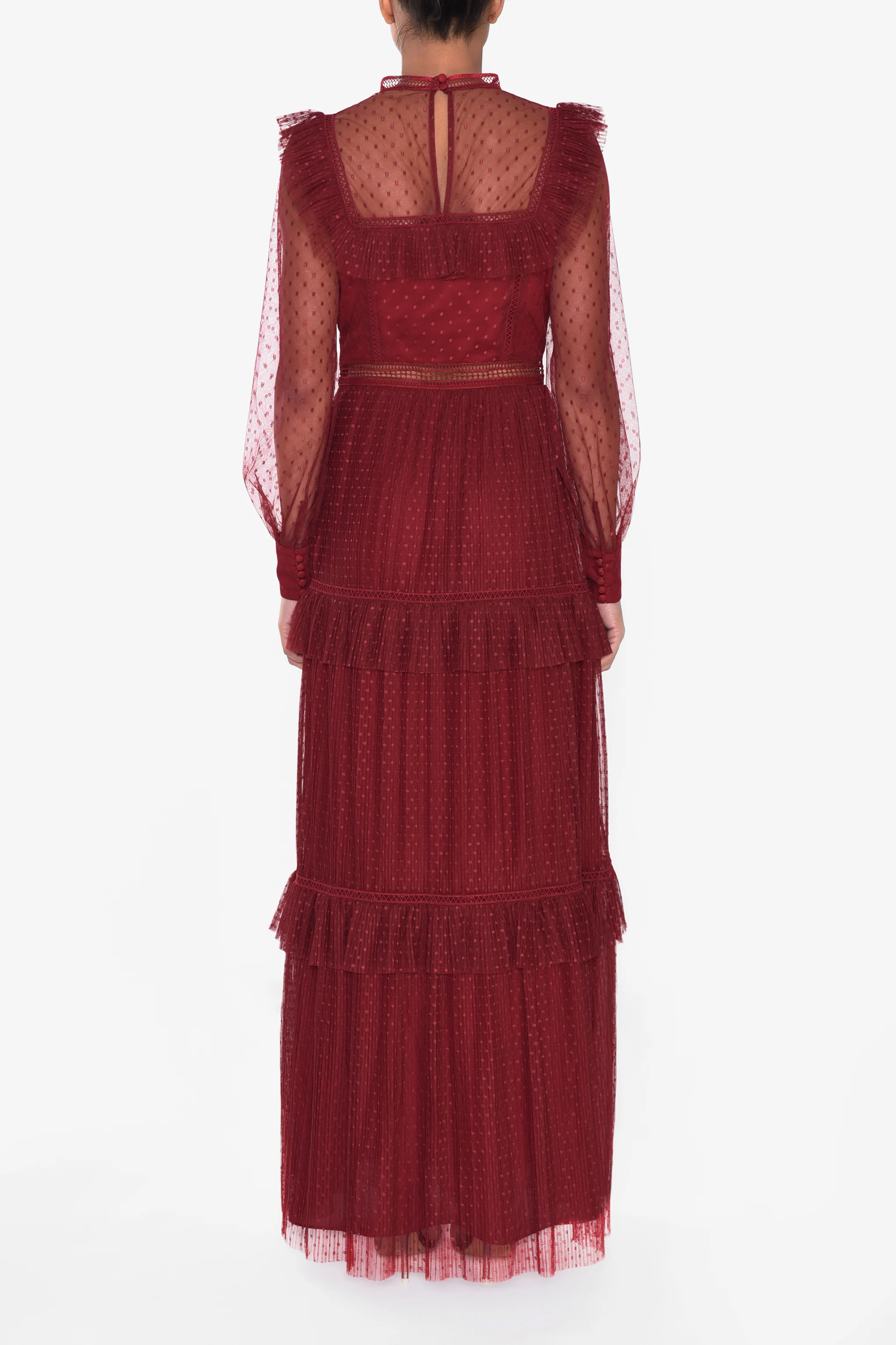 Burgundy Polka Dot Mesh High Neck Long Sleeve Layered Maxi Dress