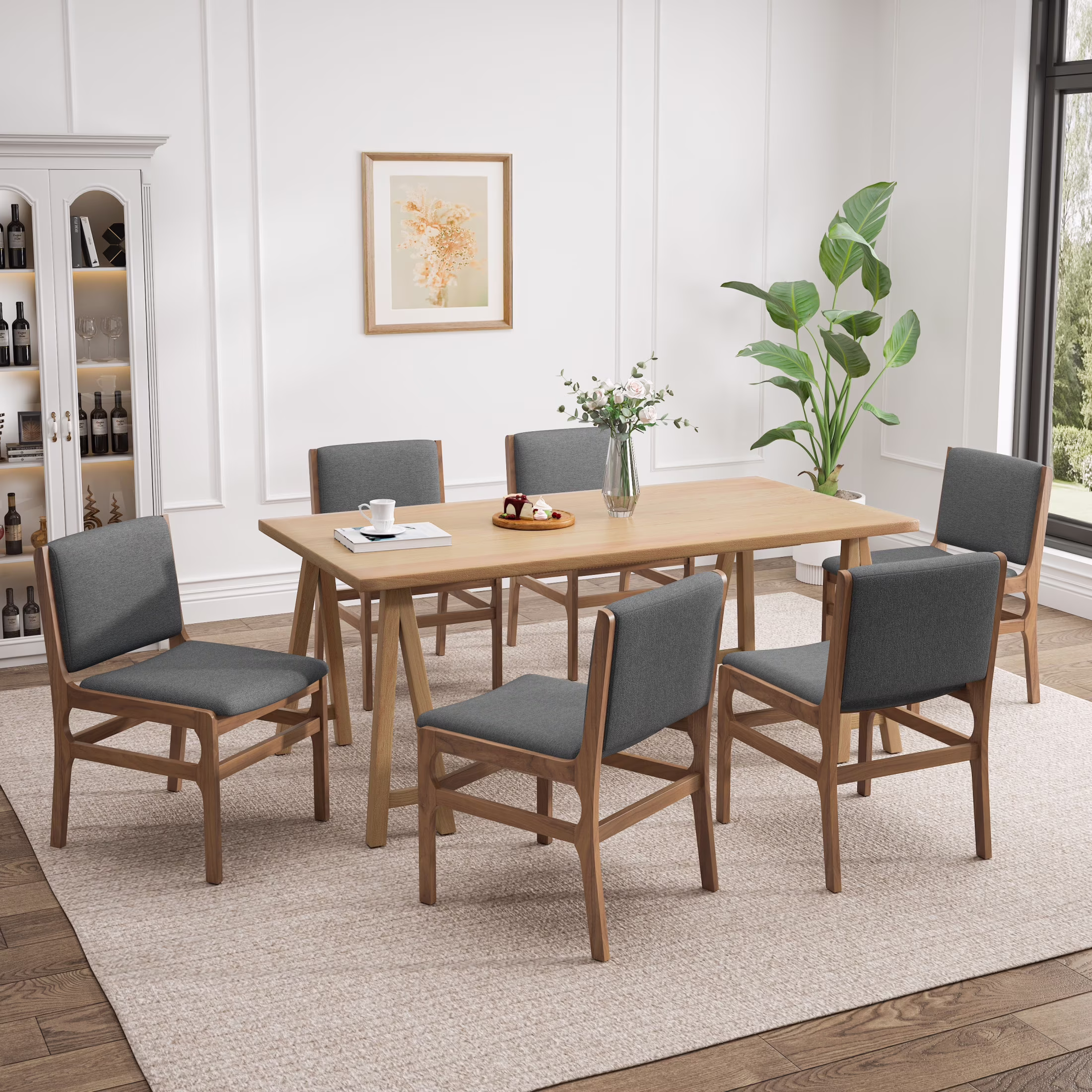 GDF Studio Modern 7 Piece Dining Set, 71" Rectangular Table with 6 Upholstered Side Chairs, Solid Wood Legs, Dark Gray+Oak