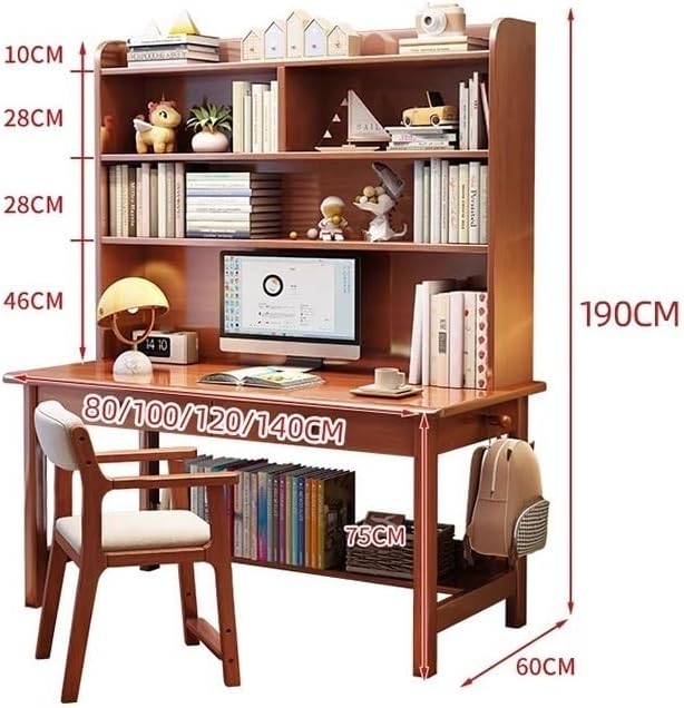 Scrivania da Studio Semplice in Legno massello con libreria Integrata, Ideale per l'home Office o l'uso in Camera da Letto (Colore: Noce Nessuna Sedia, Dimensioni: 80x60x190cm)