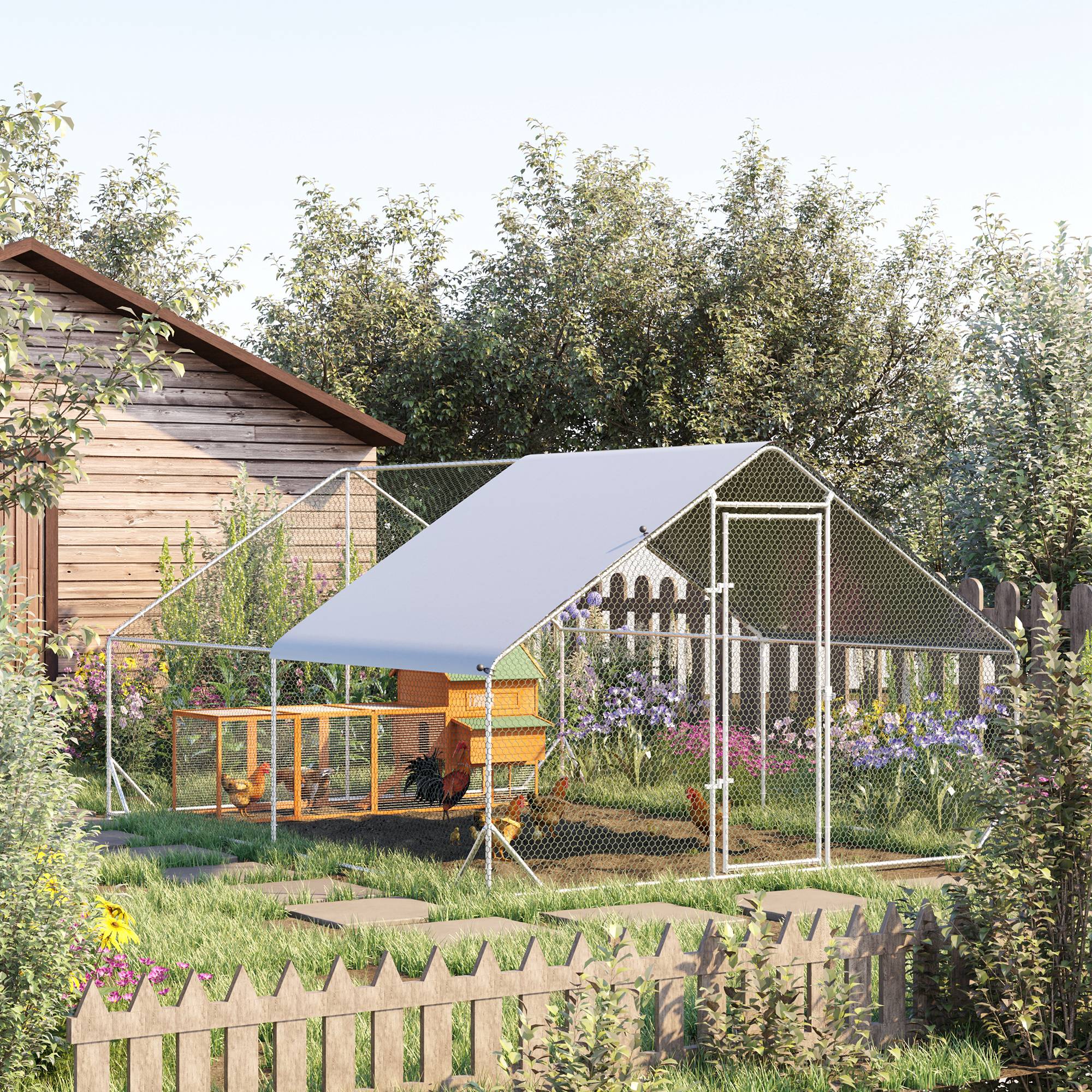 PawHut Hühnerstall, Freilaufgehege, Geflügelstall mit Schattendach, Freigehege für 4-6 Hühner, Enten Kaninchen, 3 x 2 x 2 m