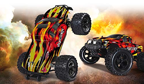 Jamara 059737   Nightstorm Monstertruck BL 4WD 1:10 Lipo 2,4GHz con LED – Multigiocatore, Brushless, Trazione Integrale, Resistente agli Schizzi d´Acqua, Telaio Rinforzato in Alluminio, Wheelybar : Giochi e giocattoli