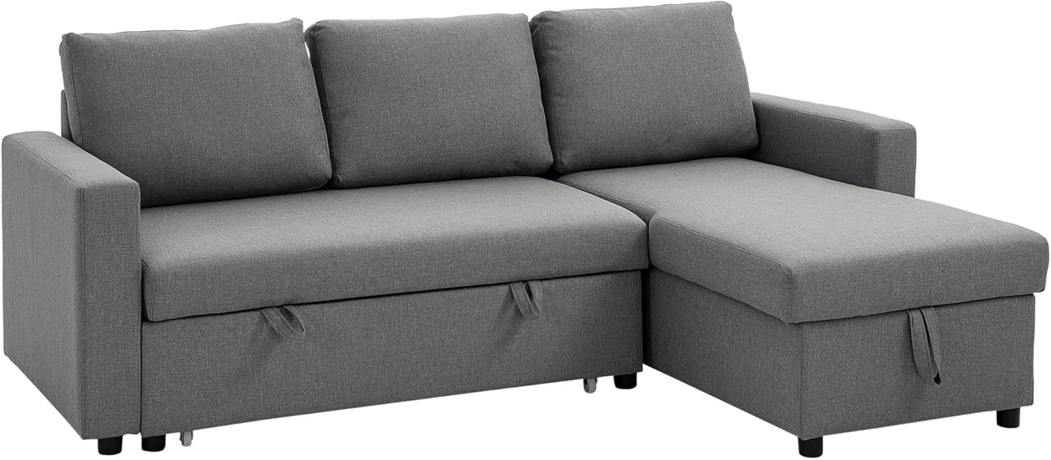 HOMCOM Divano Letto 3 Posti e Penisola con Vano Contenitore, Divano in Tessuto Effetto Lino con Cuscini Sfoderabili, Grigio Chiaro