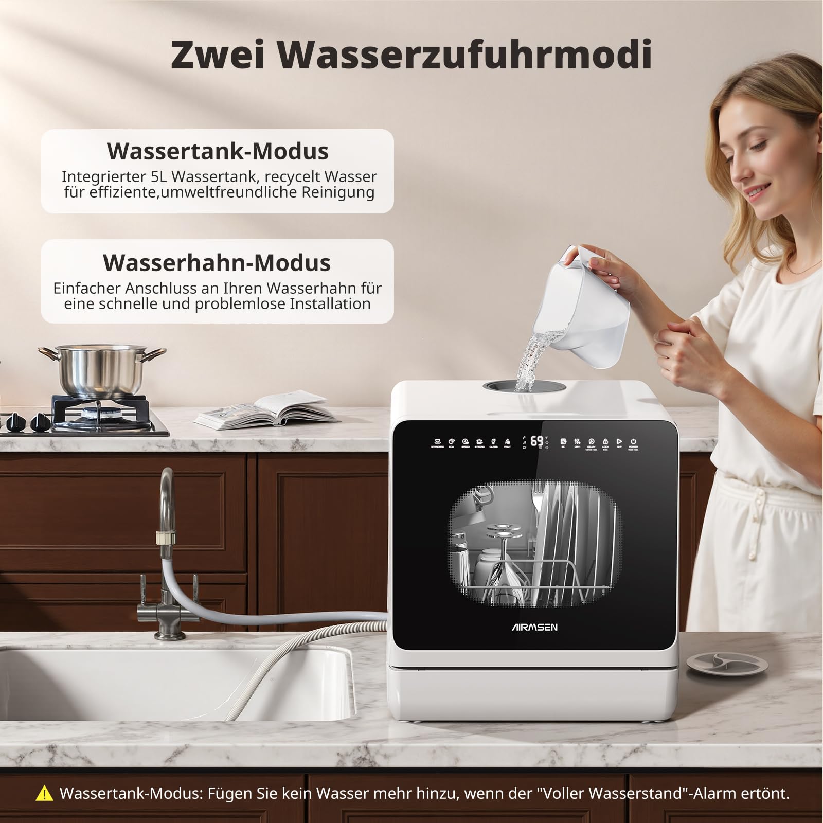 Tischgeschirrspüler mit 8+3 Programmen, 5 Liter Wassertank und Wasserenthärter, für 4 Gedecke