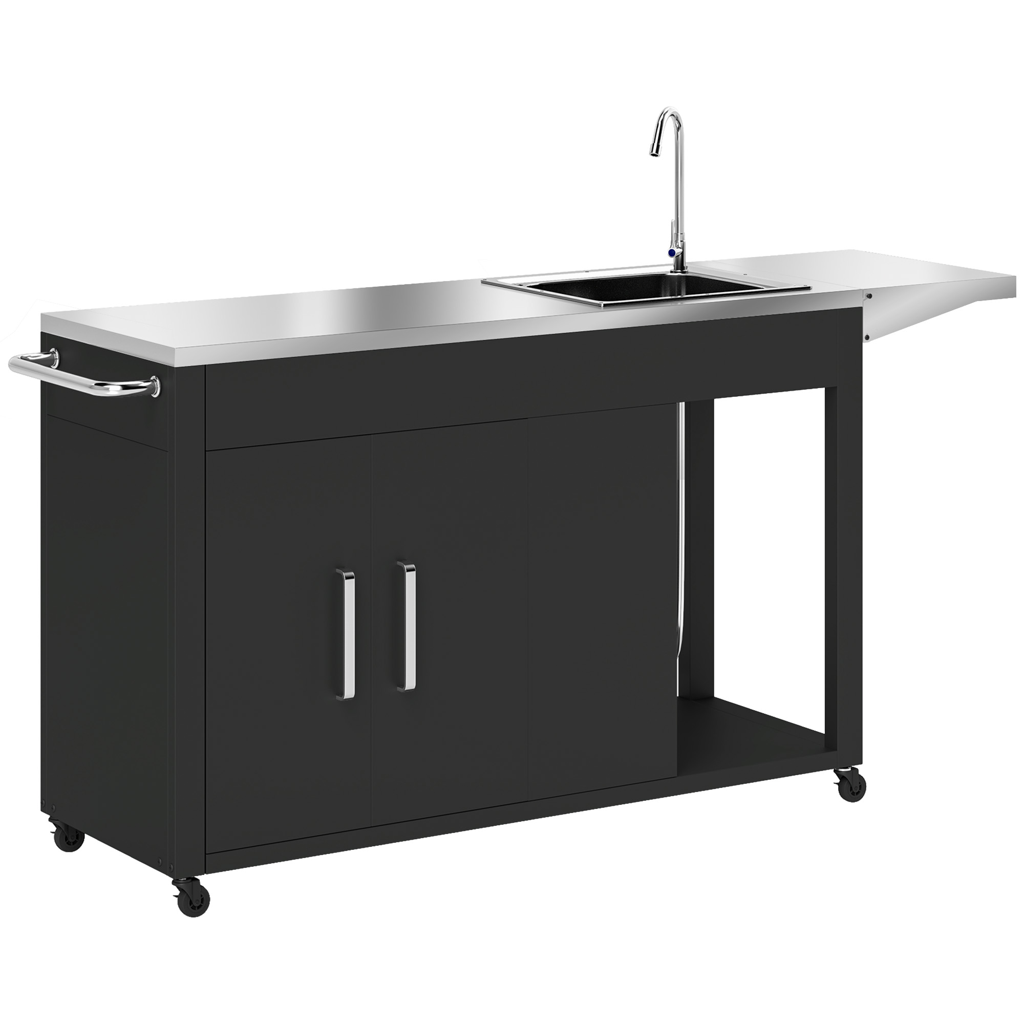 Outsunny Grillwagen Servierwagen mit Arbeitsfläche Seitenblatt Schrank Spüle Räder, Edelstahl 162,5x47x87cm Schwarz