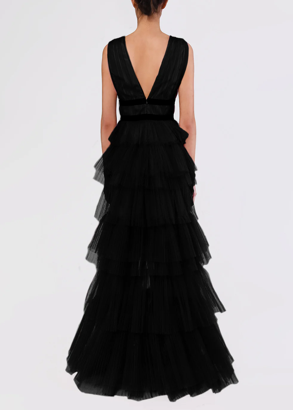 Eliza Black Plunging Neck Layered Tulle Maxi Dress �C Evening Gown