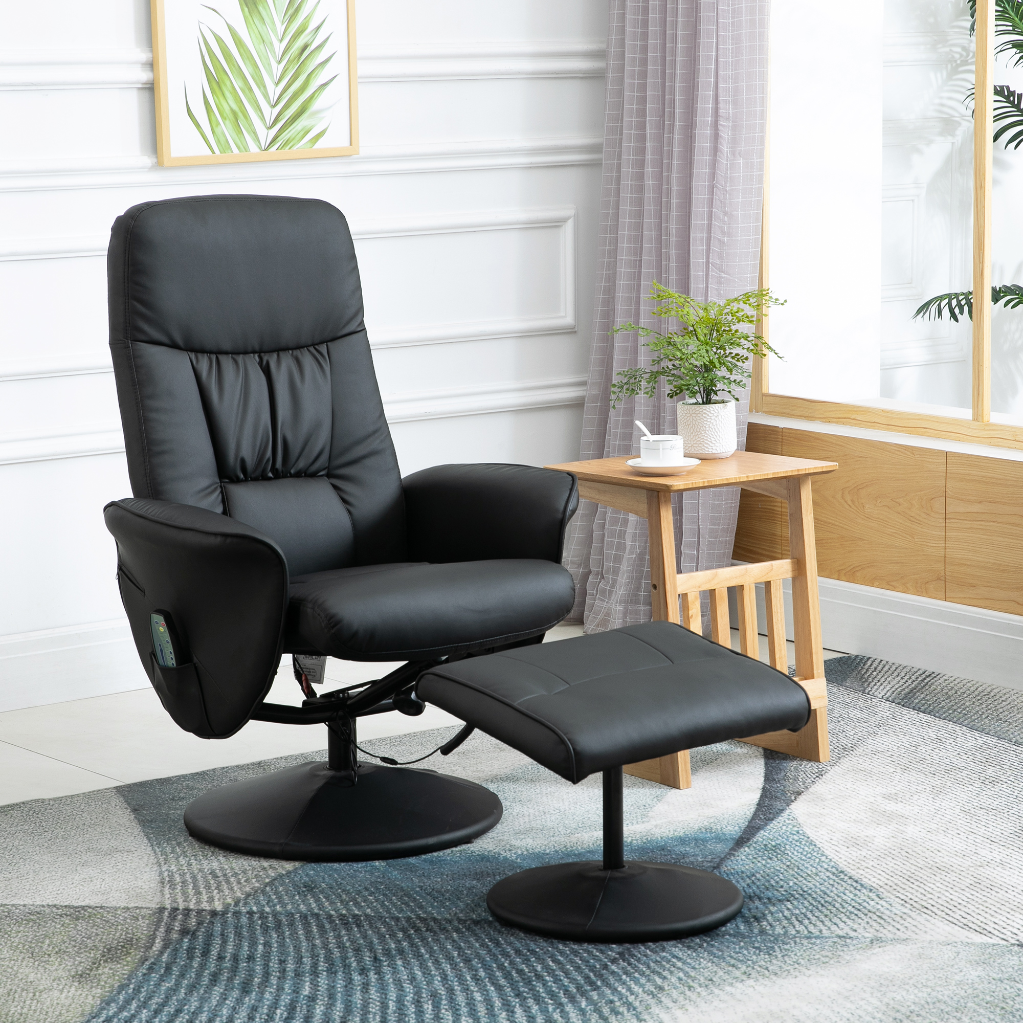 HOMCOM Relaxsessel mit Fußhocker, Elektrischer Massagesessel mit Liegefunktion, 10 Massagepunkte, Drehbarer Fernsehsessel mit Seitentasche, Fernbedienung, Kunstleder, Schwarz