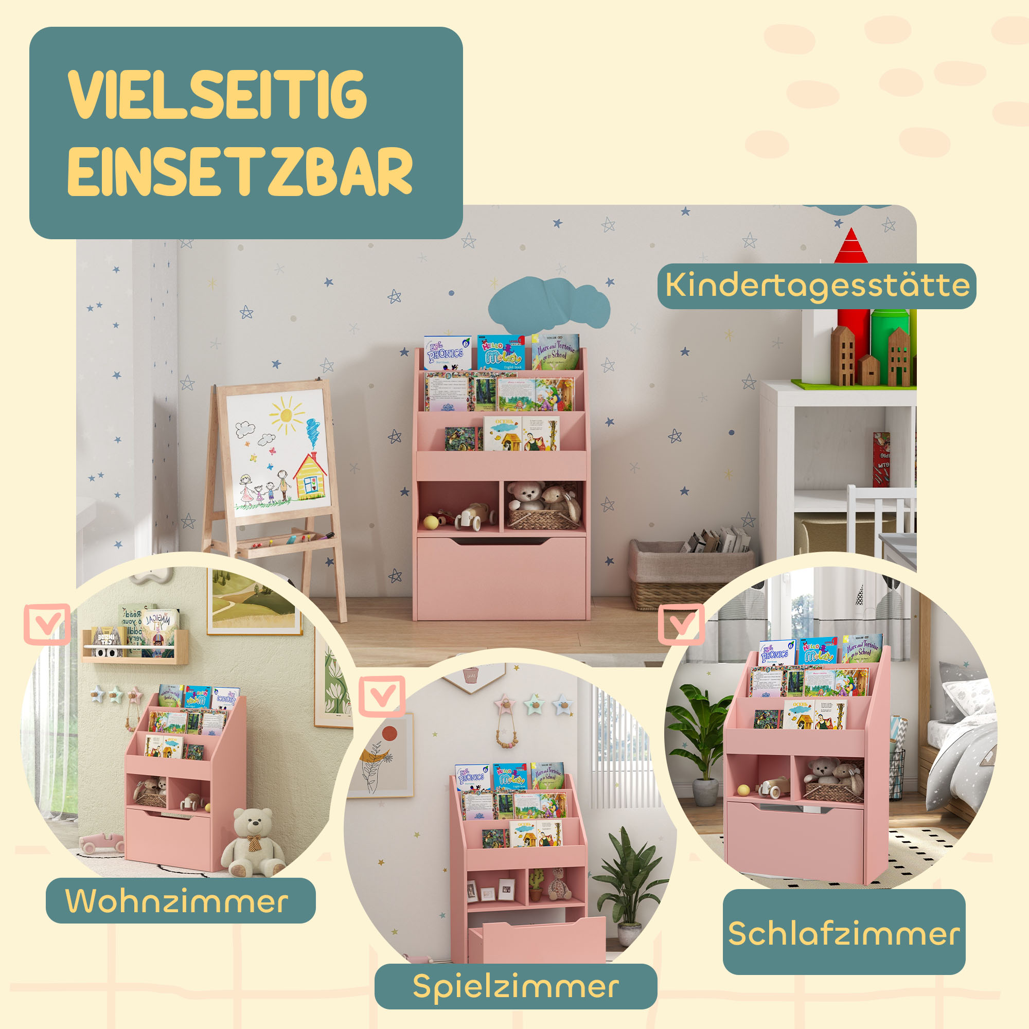 Kinderrek met Lade en Boekenrek met Vakken, 60 x 29,9 x 90 cm, Roze