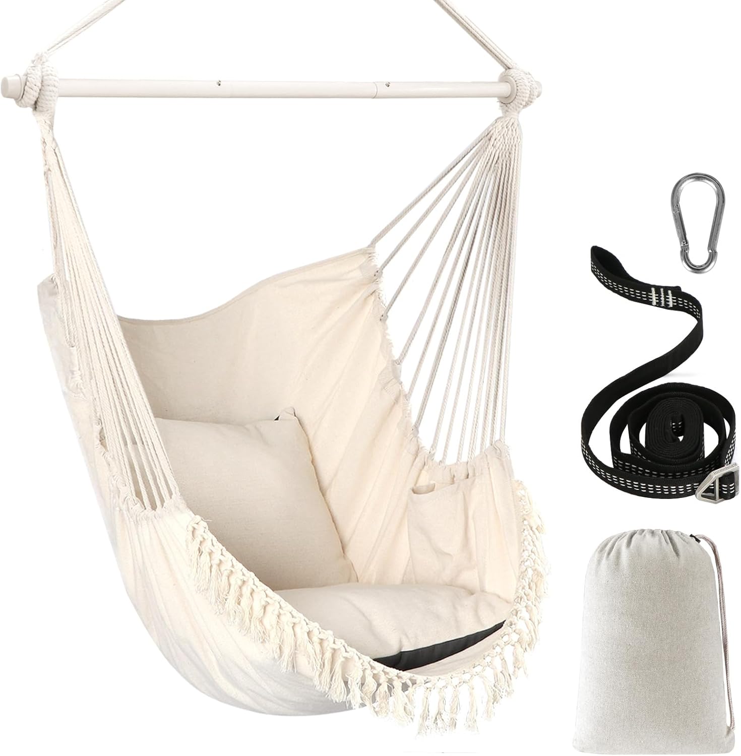 Chihee Sedie sospese Sedia amaca Massimo 227KG 2 cuscini inclusi Barra di diffusione in Metallo con scanalature antiscivolo Sedia sospesa portatile Tasca laterale Grande sedia boh茅mien in macram猫