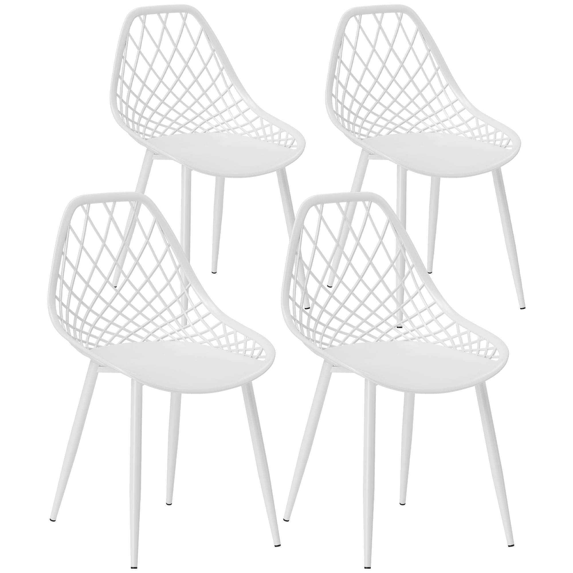 HOMCOM Set 4 Moderne Esszimmerstühle mit durchbrochenem Plastikrücken und Metallbeinen, Weiß