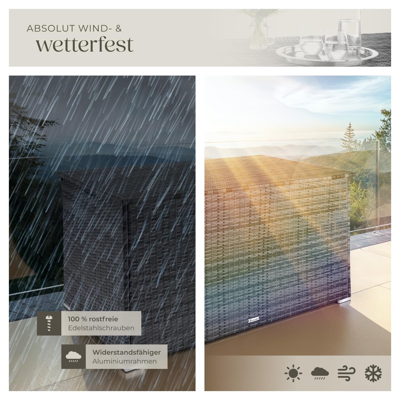 Aufbewahrungsbox Garten 750 L aus Aluminium und Polyrattan, grau, wetterfest mit Deckel und Gasdruckfedern, 145x82,5x79,5 cm