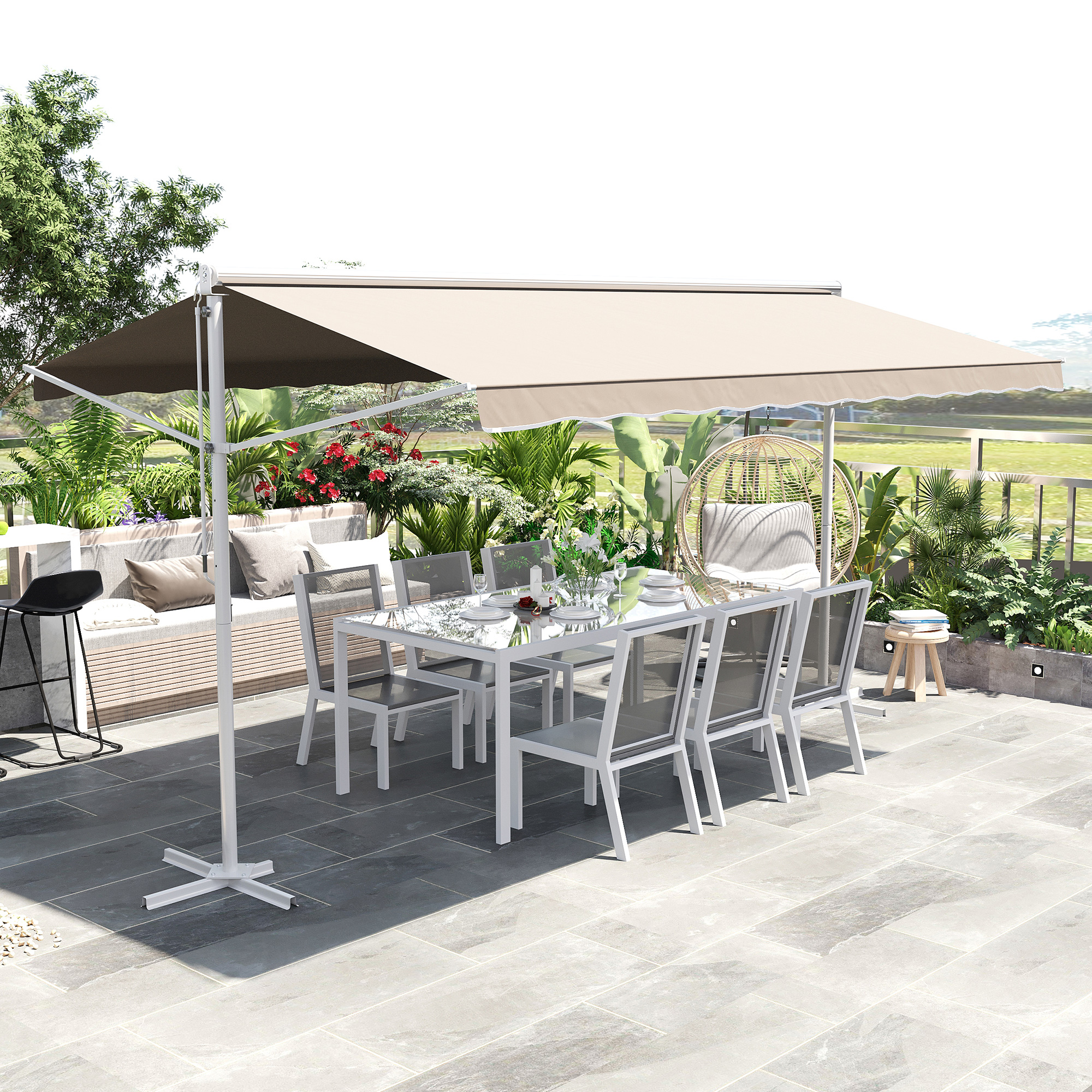 Outsunny Standmarkise Markise 4,5 x 3,4m Terrassenüberdachung Gartenmarkise mit Faltarm Kurbel Terrasse Creme Alu Metall