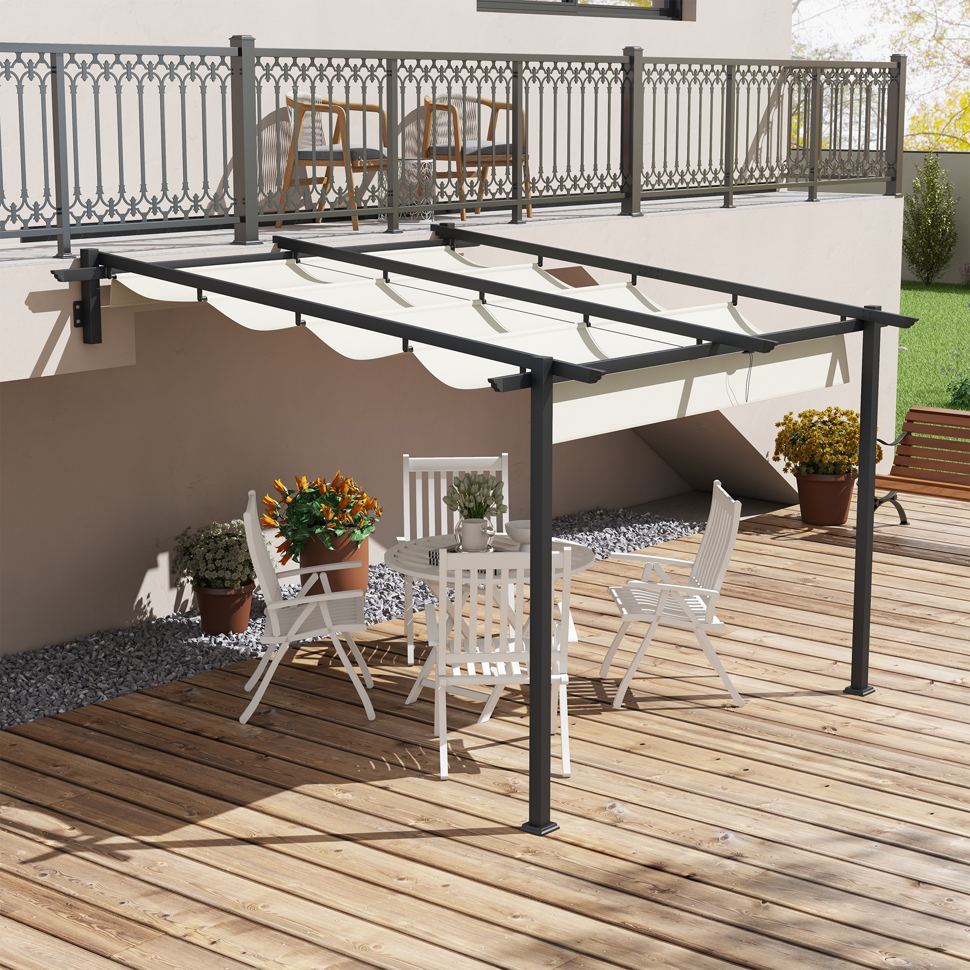 Outsunny Gartenpavillon 3 x 3m, einziehbares Dach, Wandmontage, Metallrahmen, Cremeweiß