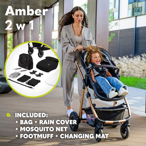 LIONELO Amber Passeggino 2in1 Duo Passeggino da 0 a 48mesi con Seduta secchiello   Navicella per neonato e bambini a 22kg Regolabile, pieghevole e leggero Ruote grandi Cappotina XXL (NeroArgento, Big) : Prima infanzia