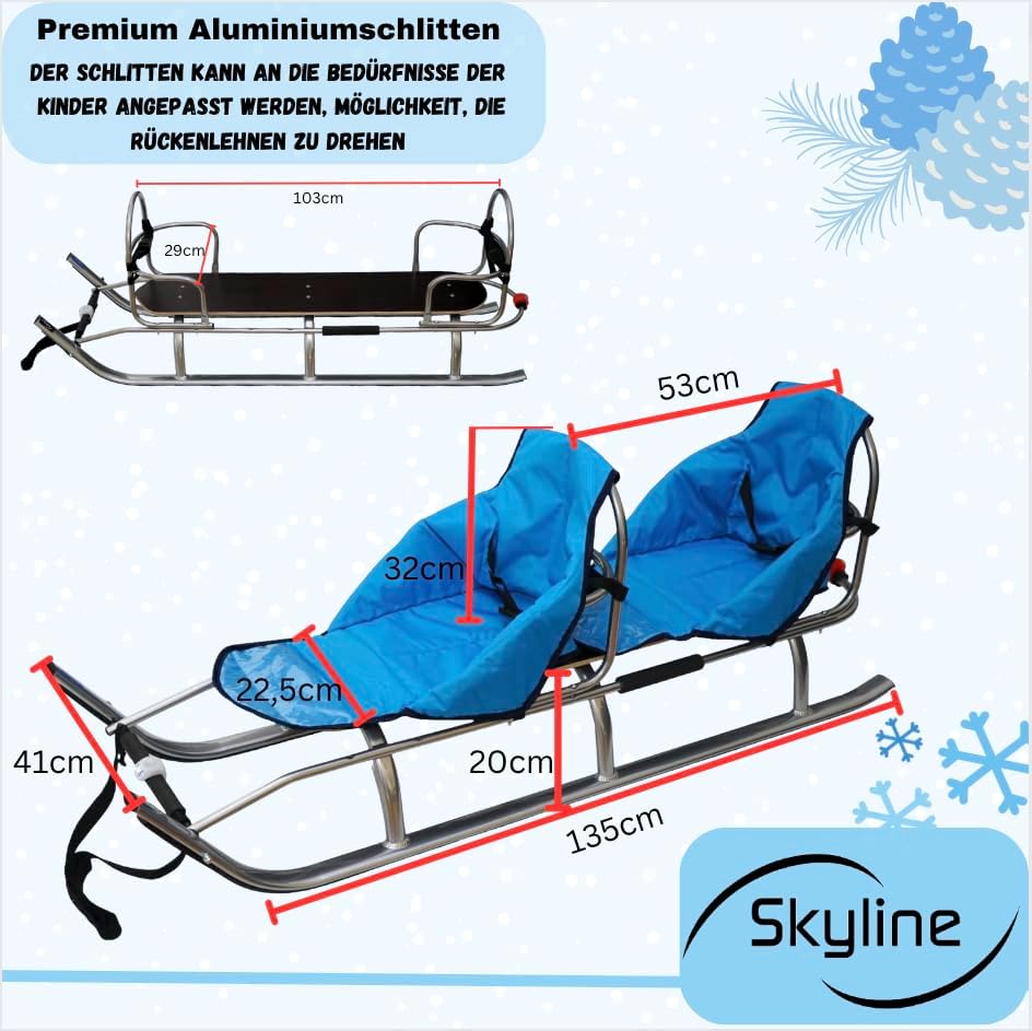 2in1 Kinder Duo Schlitten aus Aluminium mit Rückenlehne, Matrazen, LED für Kinder und Erwachsene 2 Personen Tragfähigkeit bis 100kg (Silver/Navy)