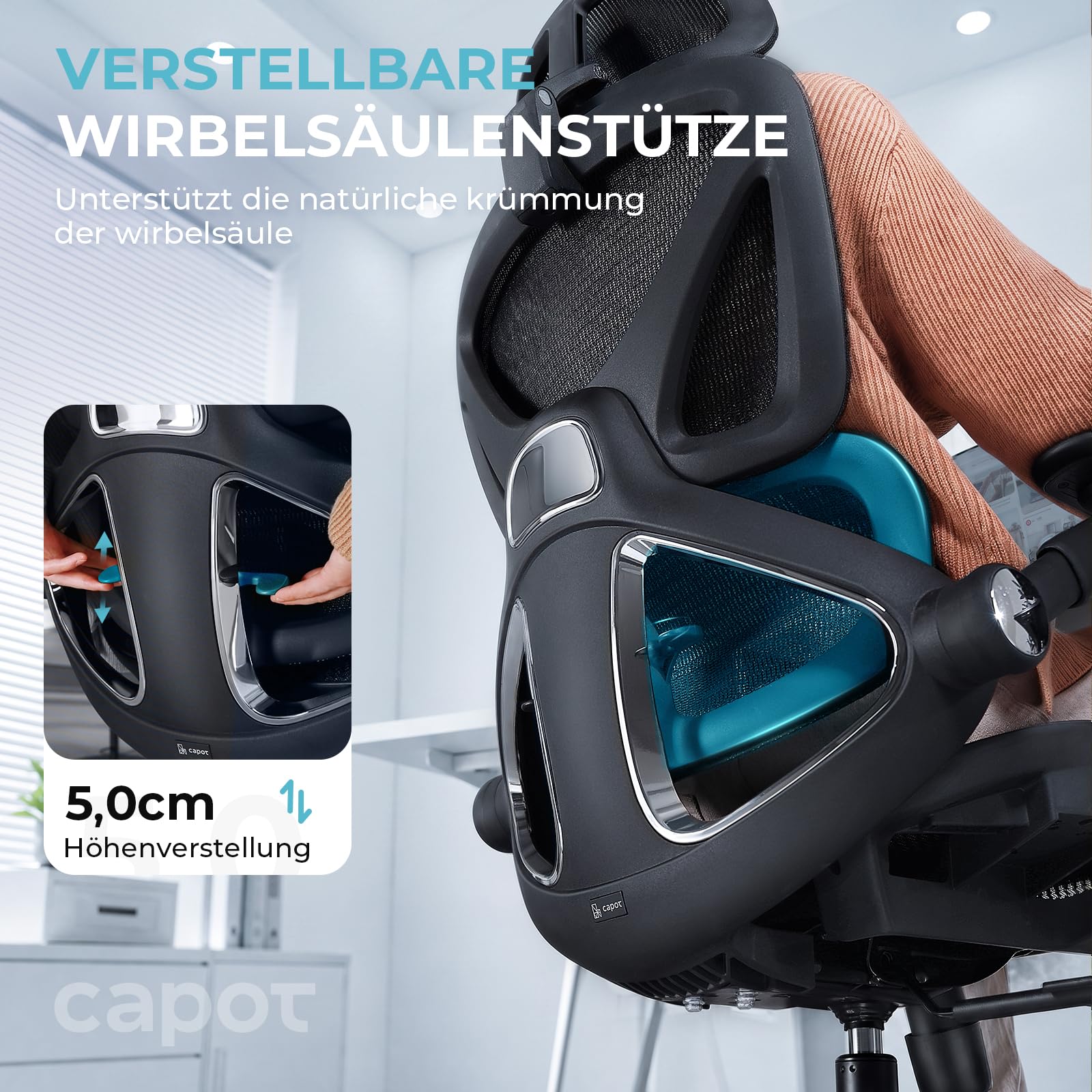 Ergonomischer Bürostuhl mit Netzstoff, hoher Rückenlehne und 3D-Kopfstütze, bis 159 kg, mit 4D-Klapparmlehnen und PU-Rollen