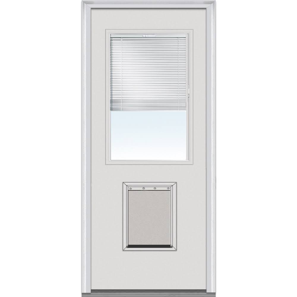National Door Company Steel Exterior Door, Primed, 1/2 Lite with Clear Glass Internal Blinds & Pet Door, Right Hand Inswing, 32′′x80′′