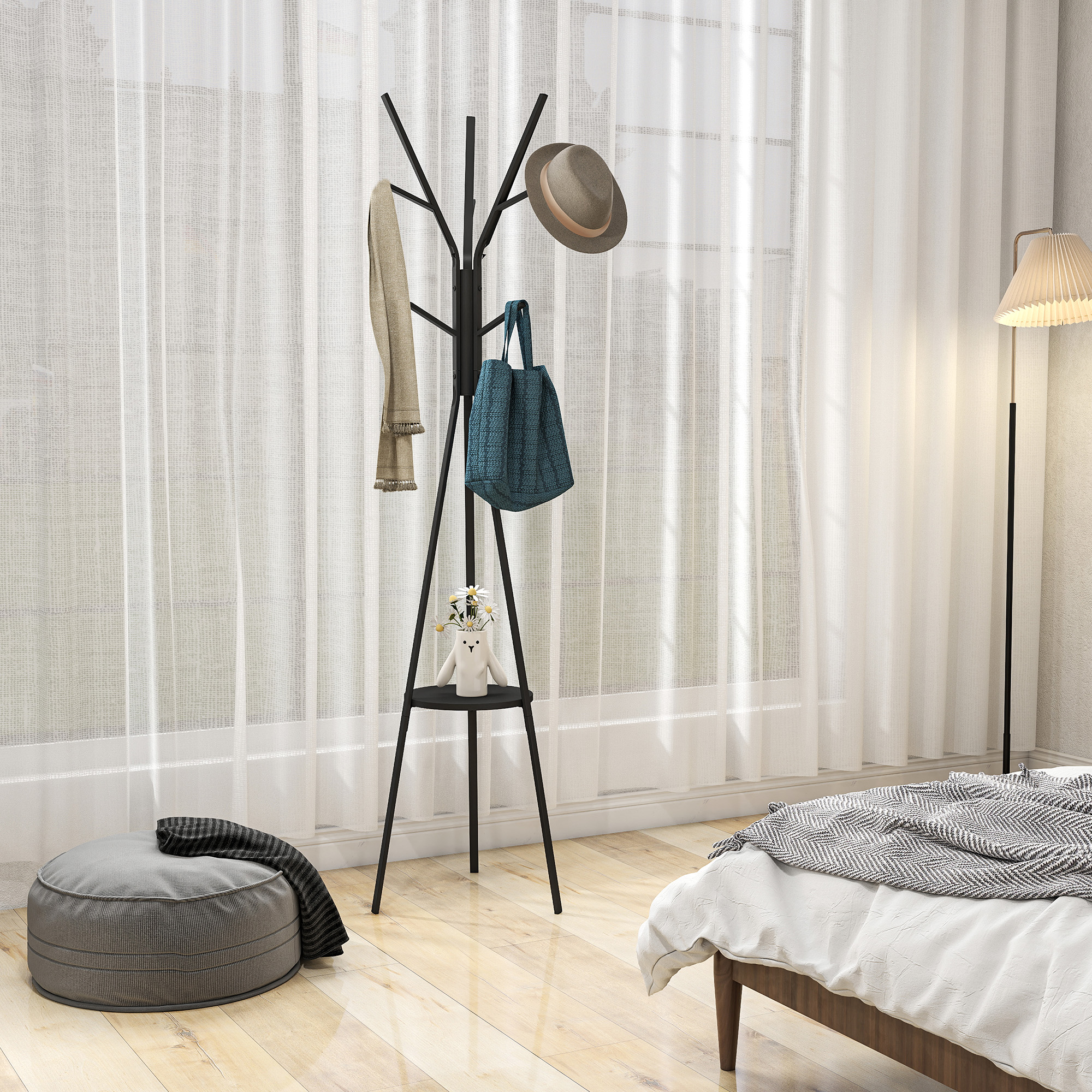 HOMCOM Garderobenständer, Kleiderständer mit 8 Haken, Garderobe mit Ablage, Standgarderob für Kleidung, Hüte, Taschen, Metall, Schwarz, 45 x 45 x 180 cm
