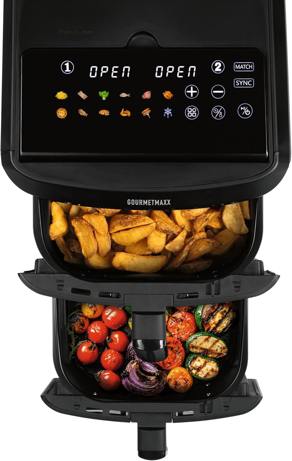 GOURMETmaxx FryUp XL - Friggitrice ad aria calda a doppia camera verticale con finestra – 12 l | Airfryer con display touch LED multicolore da 9,6 pollici e 12 programmi | Friggitrice ad aria calda a