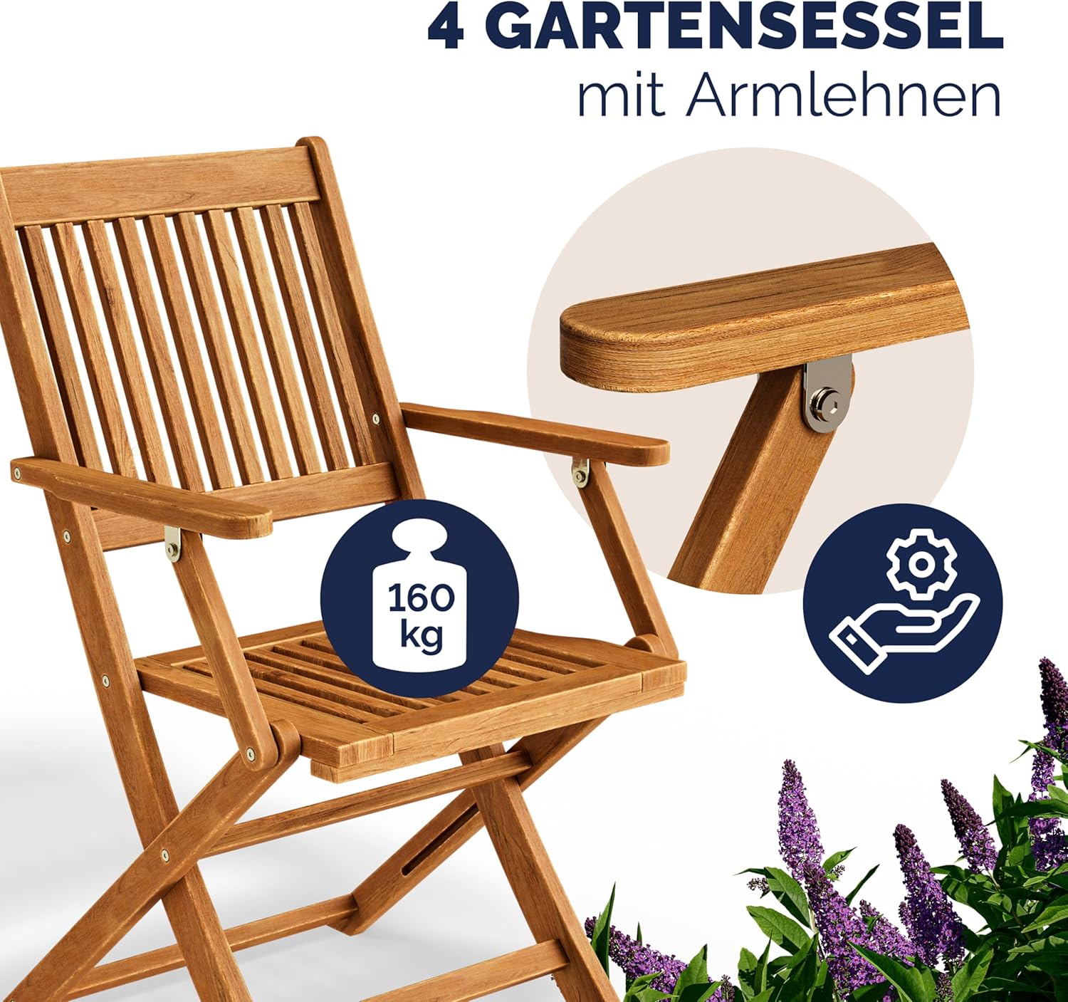 Casaria® Gartenmöbel Set Modell 2026 - NEU: Extra Stabiler Tisch mit umlaufender Verstärkungsleiste 5-teilig aus FSC® Akazienholz, 4 Stühle mit Armlehnen, klappbar für Garten & Balkon