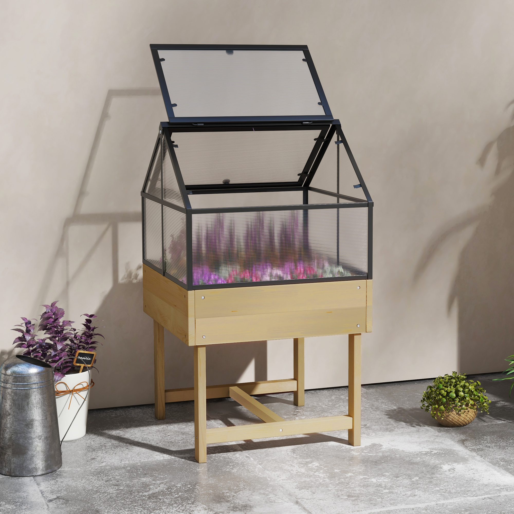 Outsunny Mini Gewächshaus auf Beinen Maße 60L x 57B x 103H cm doppeltes öffenbares Dach aus Polycarbonat, Stahl, behandeltes Tannenholz