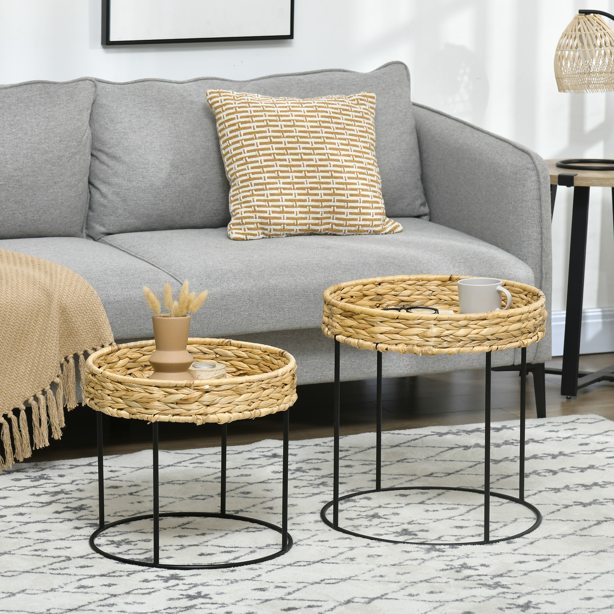 HOMCOM 2er-Set Beistelltische im Boho-Stil, stapelbar, Wasserhyazinthe, Natur + Schwarz