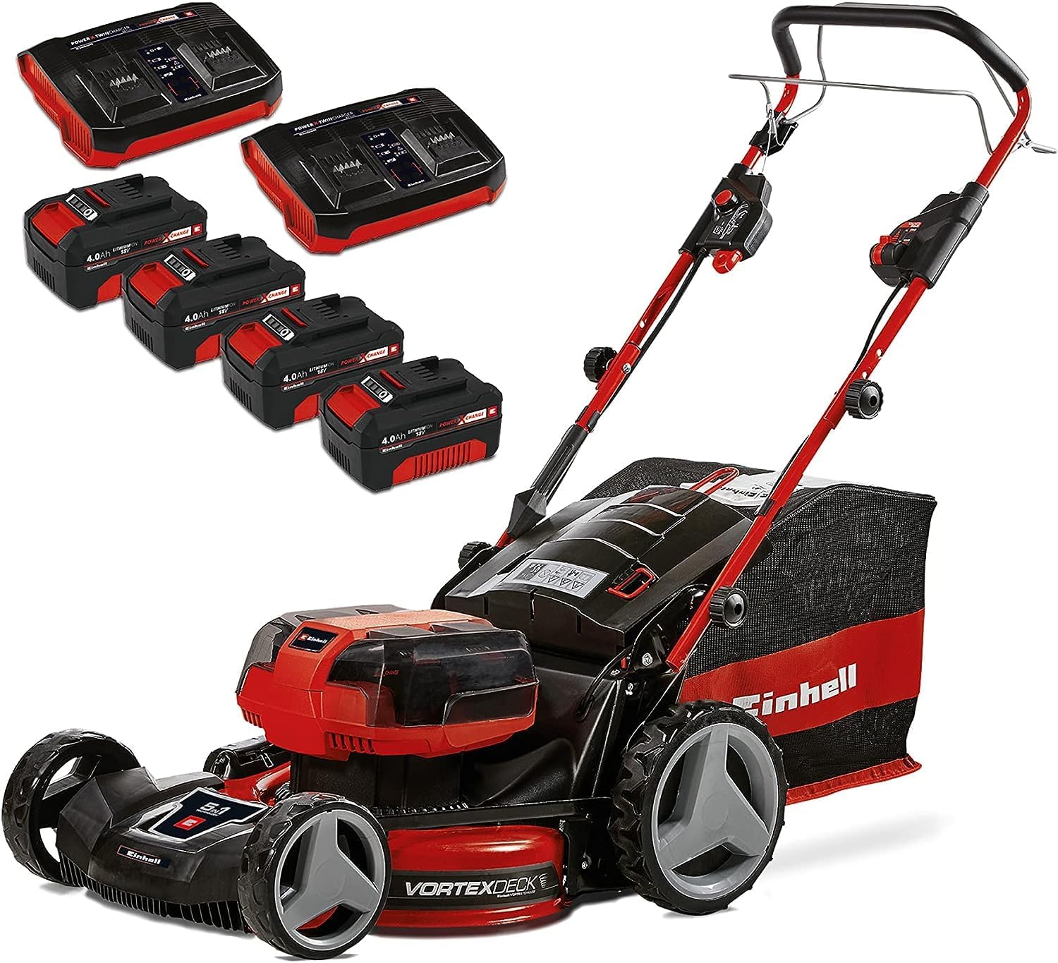 Einhell Accu Grasmaaier GE-CM 36/47 S HW Li Kit Power X-Change (36 V, 47 cm maaibreedte, tot 700 m, borstelloos, wielaandrijving, 75 L grasopvangbak, incl. 4x 4,0 Ah + 2x Twincharger)