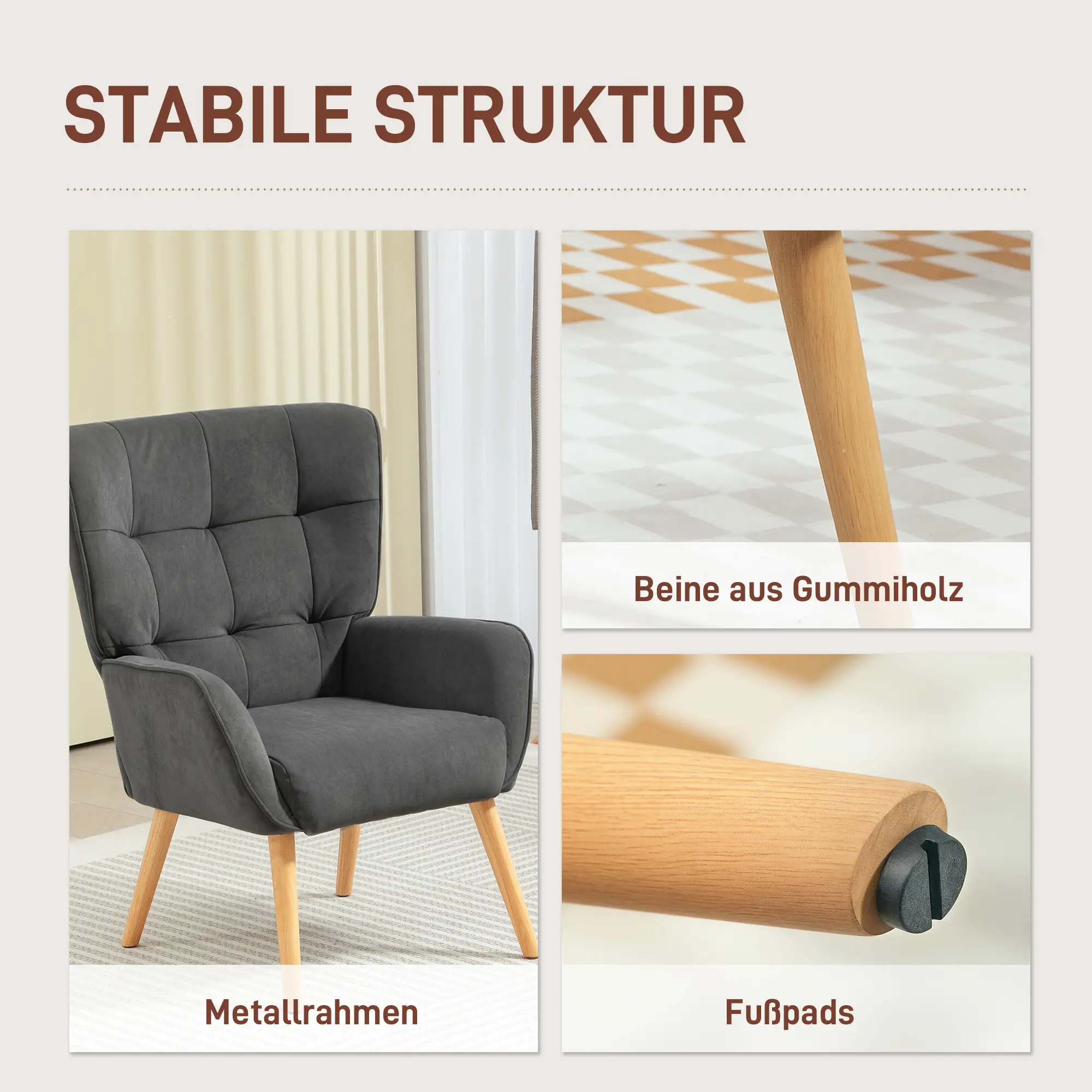HOMCOM Polsterstuhl Loungesessel Komfort Steppung Holzbeine Samt Grau