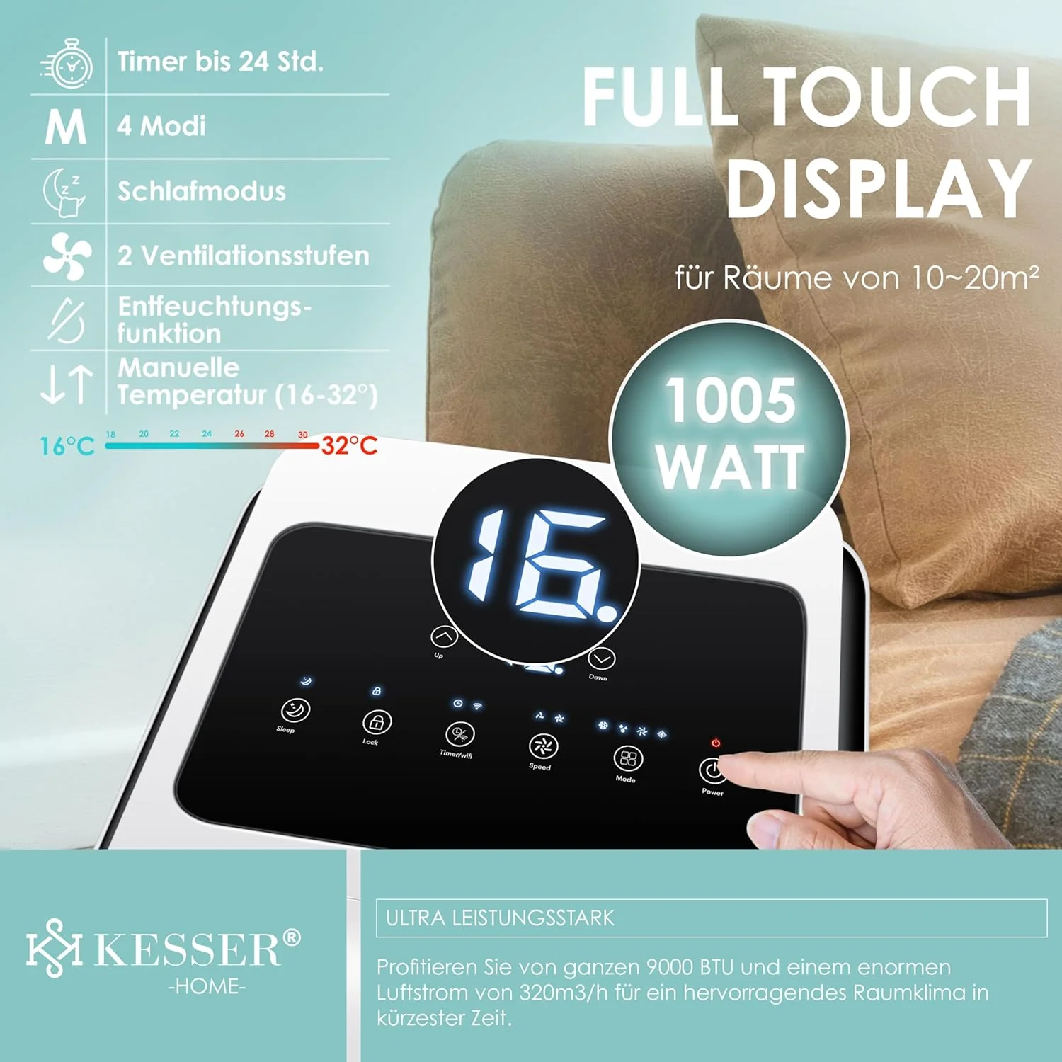 KESSER? Mobiele airco 4-in-1 koelen | Luchtontvochtiger ventileren | Ventilator 9000 BTU/u 1005W | Mobiele airconditioning met montagemateriaal, afstandsbediening & timer | Nachtmodus & 360�� wielen