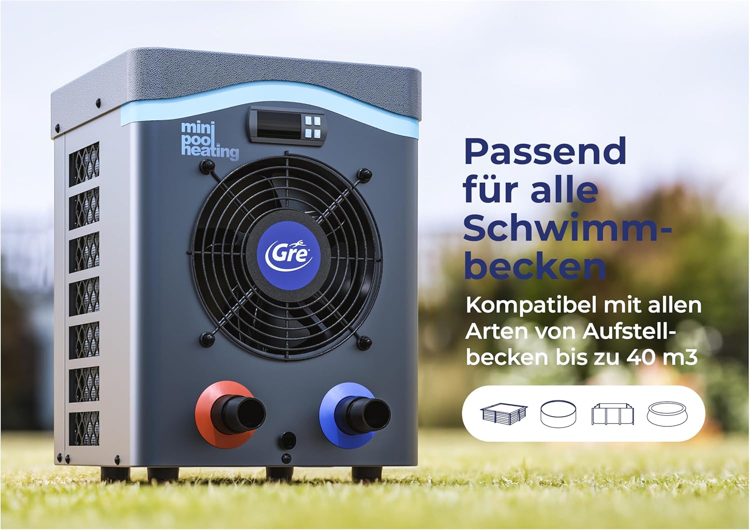 Gre HPM40 - Mini-Wärmepumpe für Aufstellpools bis zu 40 m³, Heizsystem für Aufstellpools, Farbe Grau