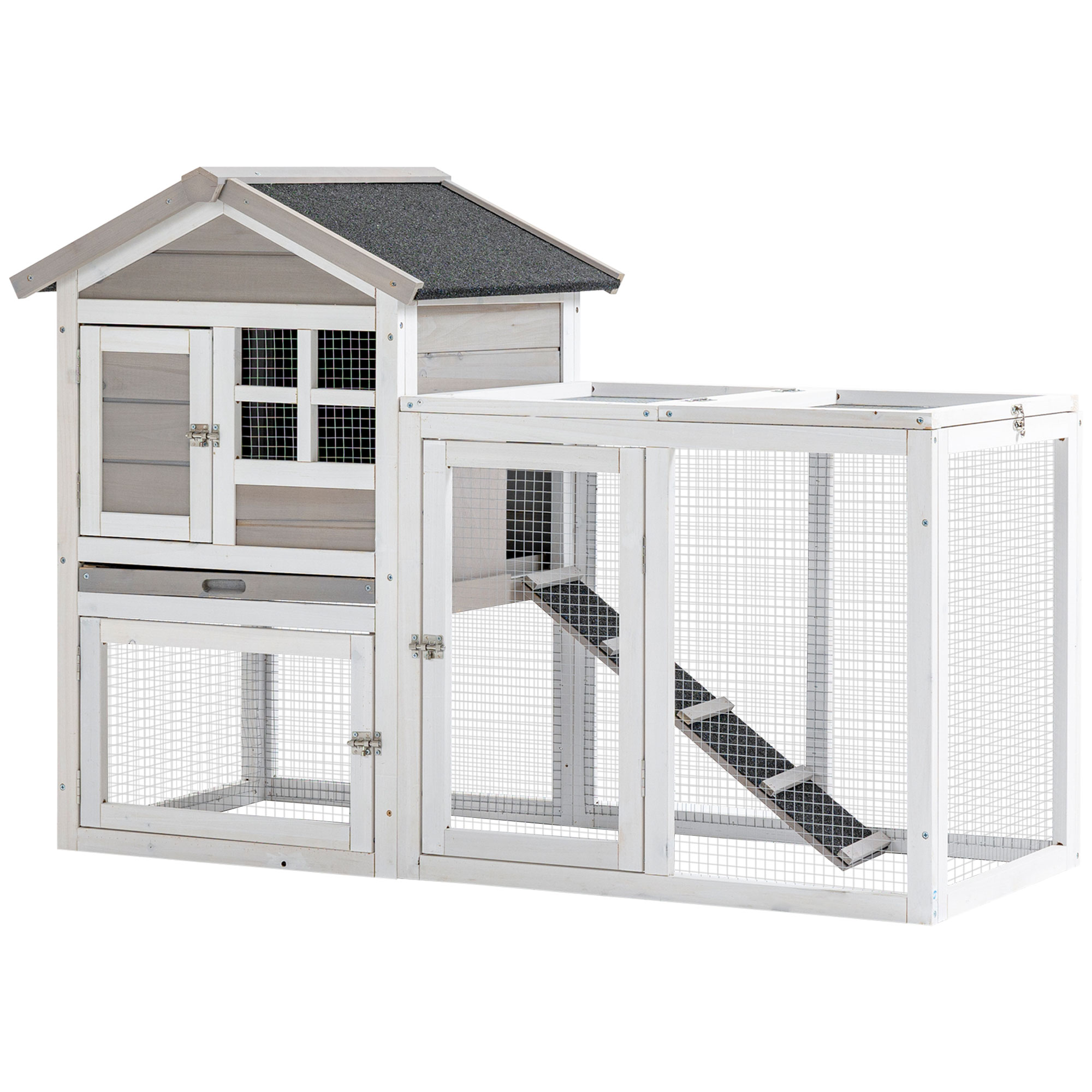 PawHut Kaninchenstall Hütte - oberes Gehege mit Rampe und Außengehege - herausziehbare Schublade, bitumiertes Dach, 4 verriegelbare Türen - Maße 128L x 64B x 92H cm Fichtenholz Weiß Grau