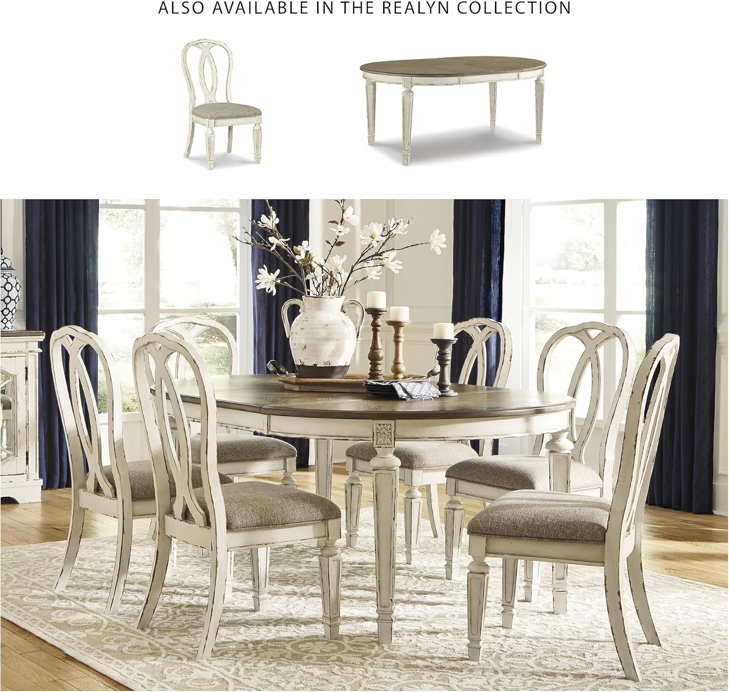 Signature Design by Ashley Realyn French Country Ribbon Back Dining Chair, 2 Count, Chipped White