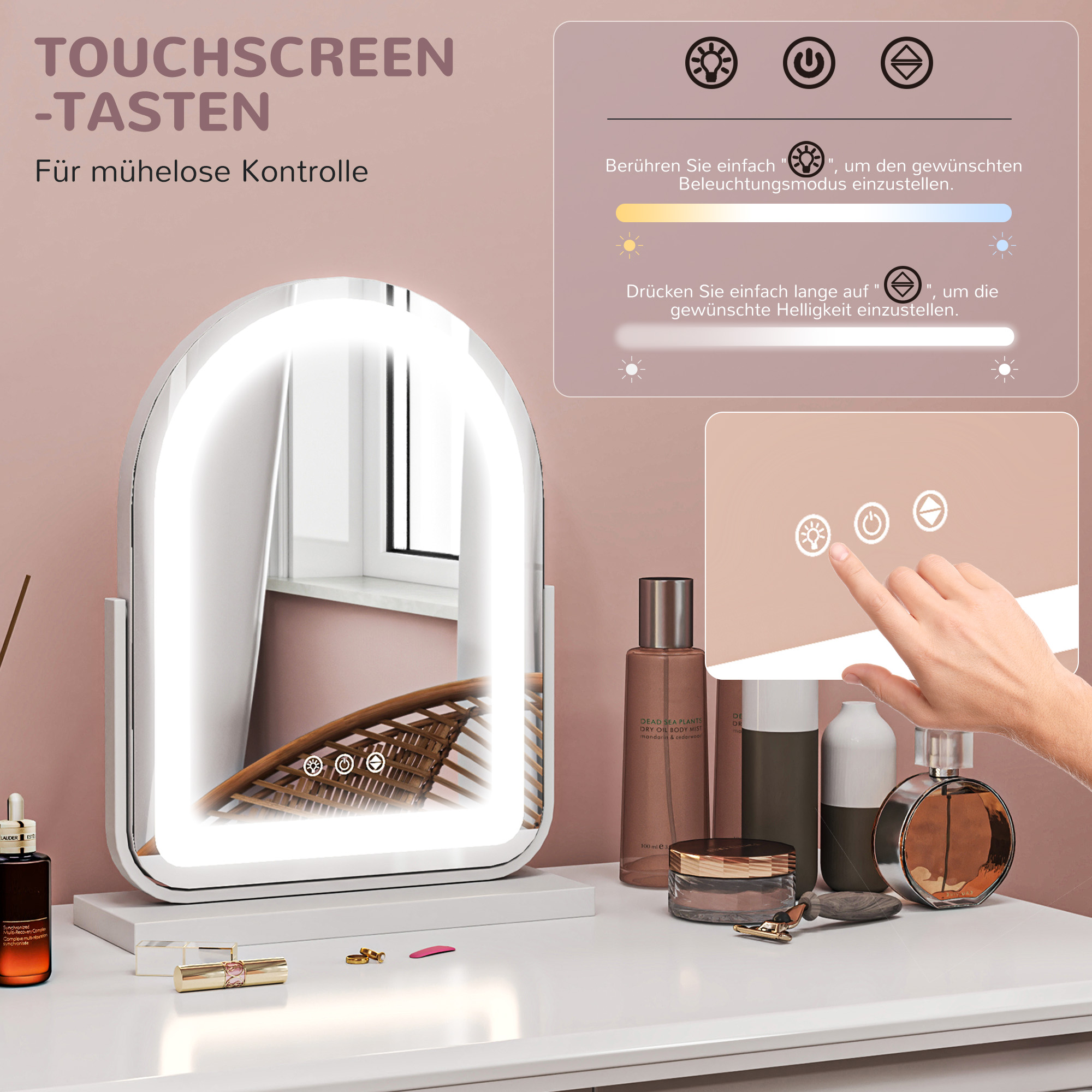 Make-upspiegel met LED-verlichting, 3 lichttemperaturen, draaibaar, touch-bediening, wit
